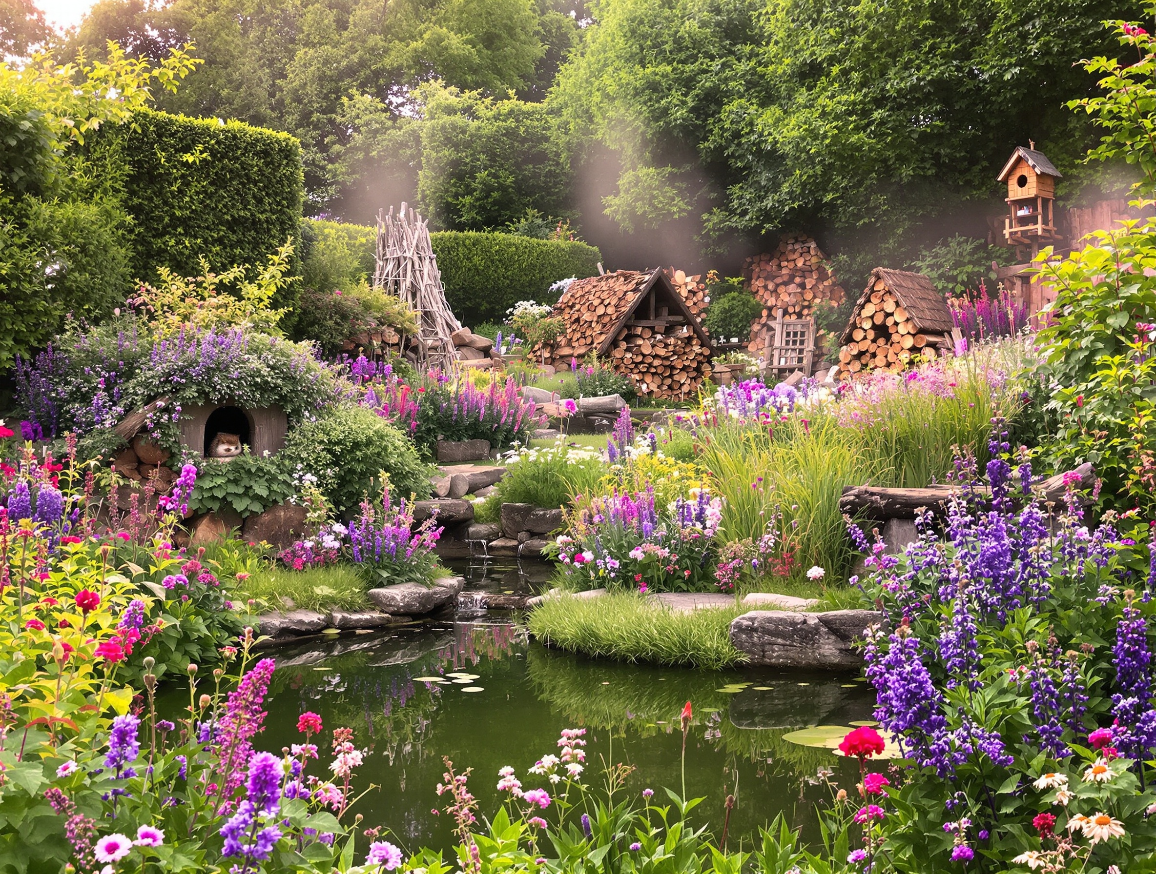 Jardin breton vivant avec haies champêtres, point d'eau naturel, tas de bois et nichoirs pour oiseaux et hérisson visible sous abri