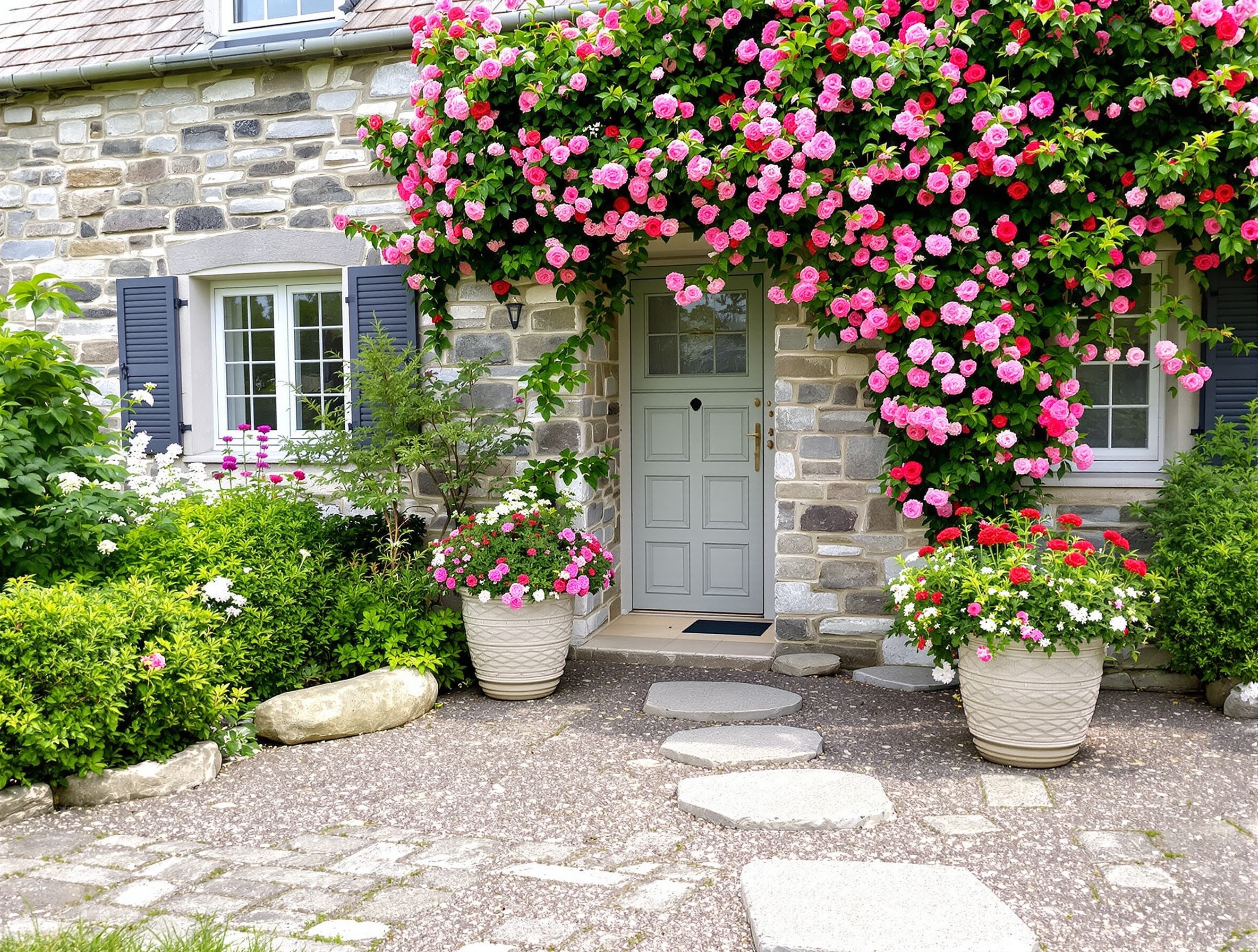 Petit jardin devant maison bretonne allée pas japonais potées fleuries rosier grimpant