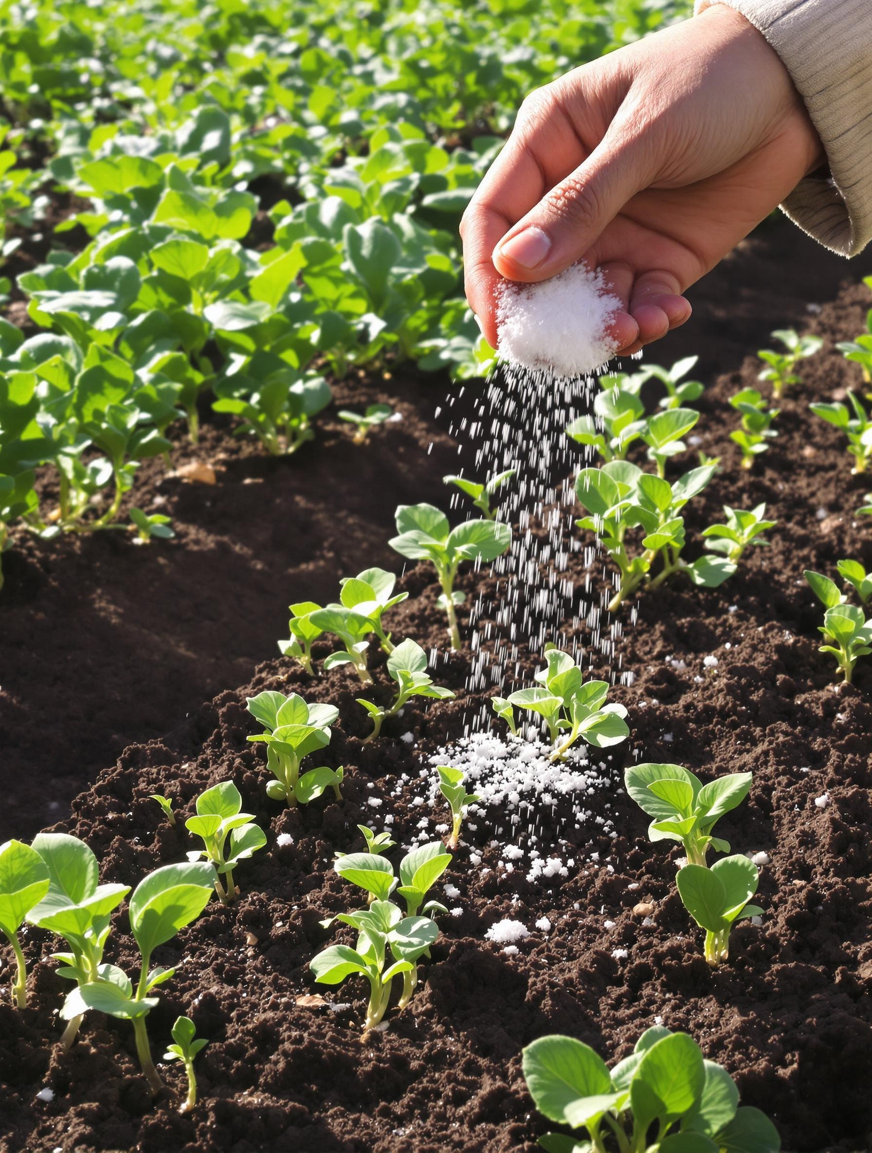 Jardin potager breton, saupoudrage de bicarbonate sur mauvaises herbes, lumière naturelle