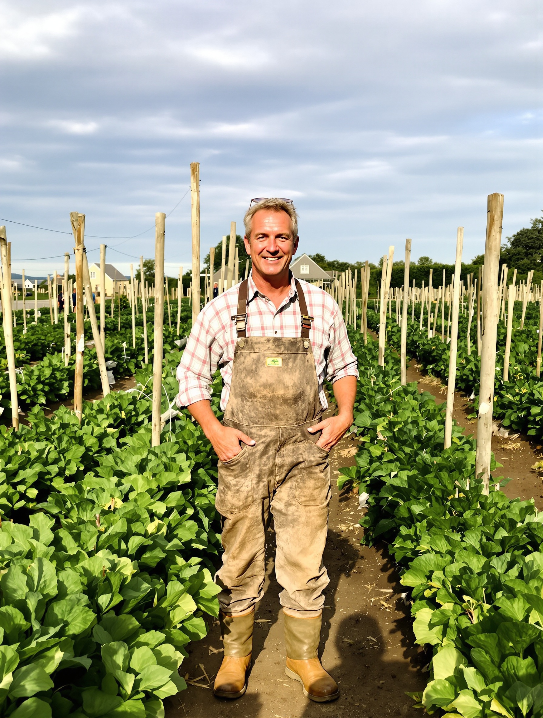 Jardinier breton fier devant son potager solidement tuteuré sous un ciel nuageux