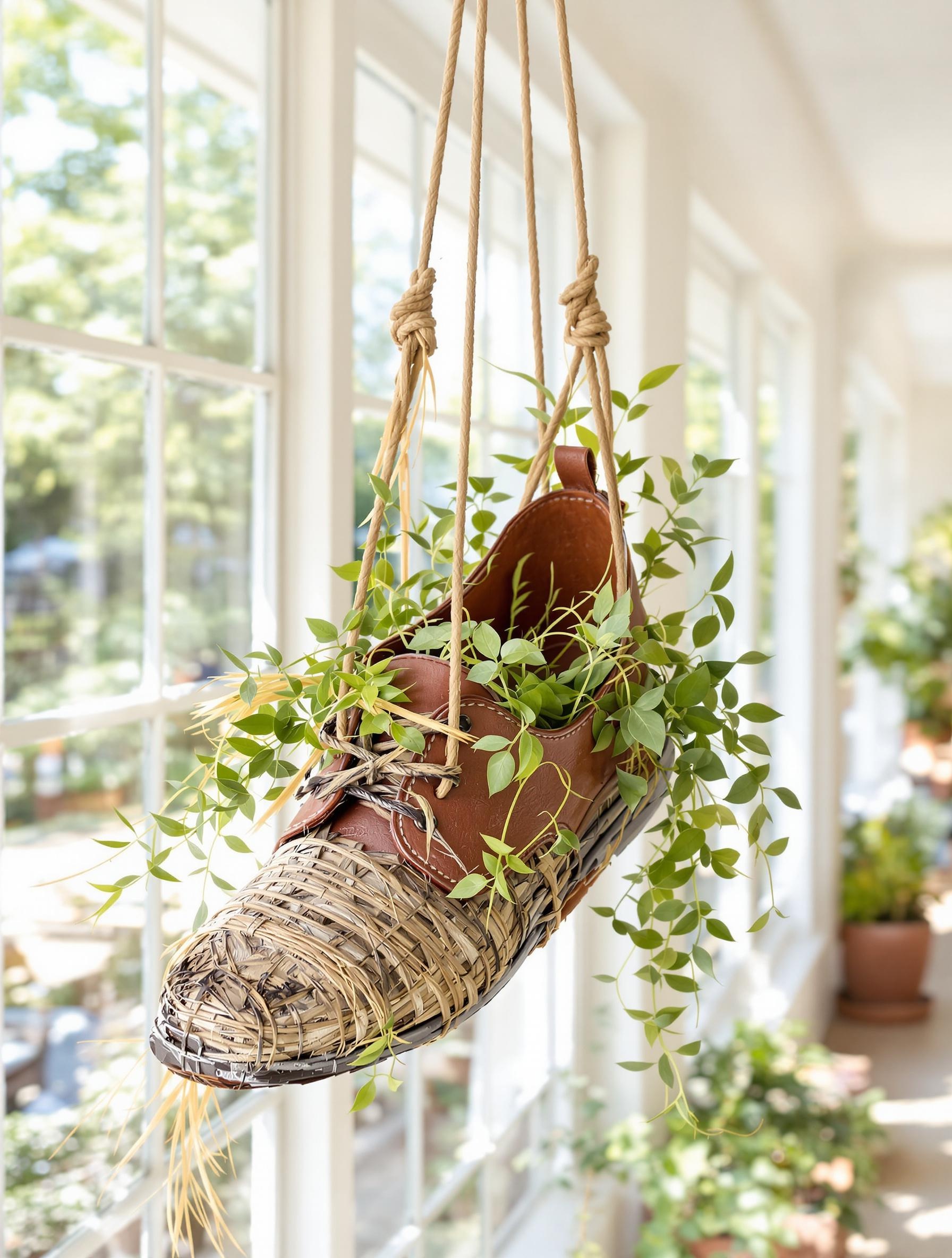 Jardinière suspendue DIY en chaussure ancienne décorée en lin/paille bretonne