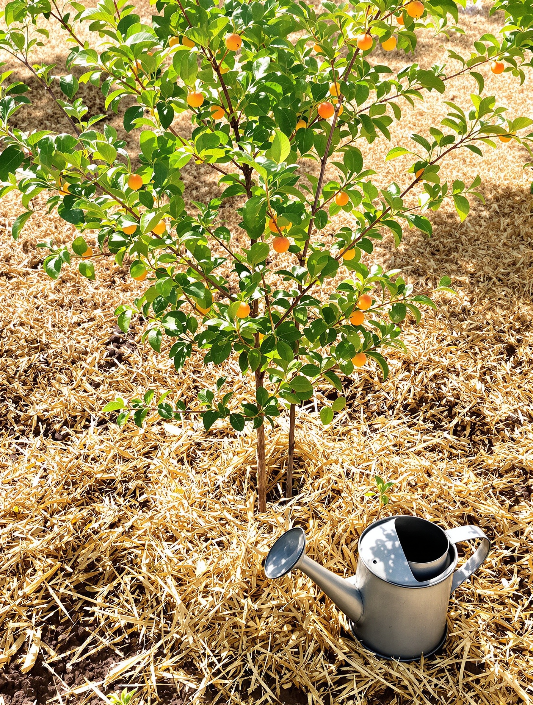 Jeune abricotier paillé sous soleil breton avec arrosoir traditionnel.