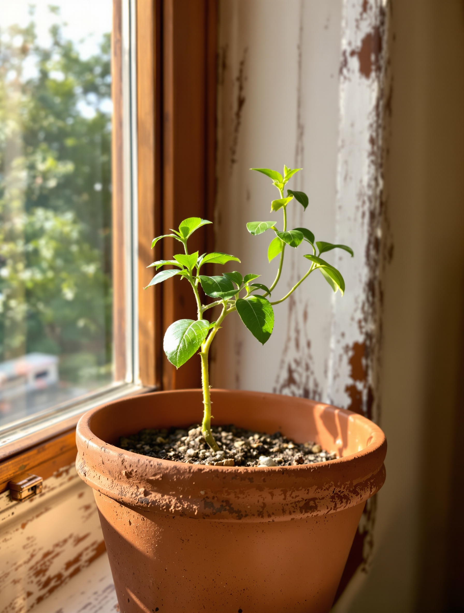 Jeune manguier sortant d'un noyau sur une fenêtre bretonne