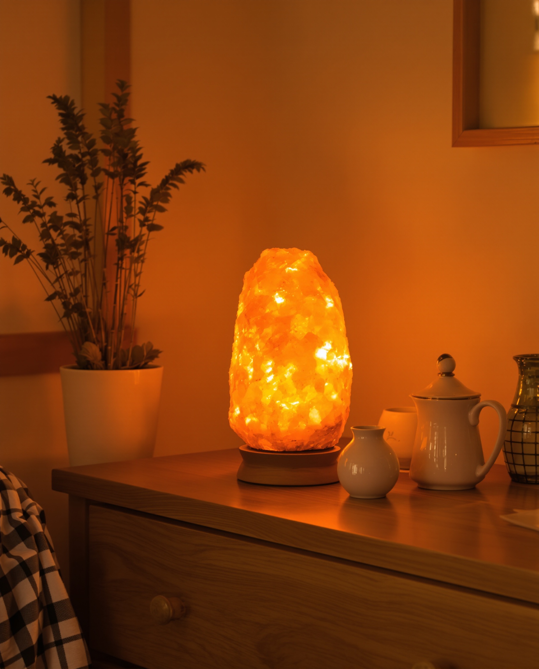 Lampe en pierre de sel allumée sur commode bois bretonne ambiance saine