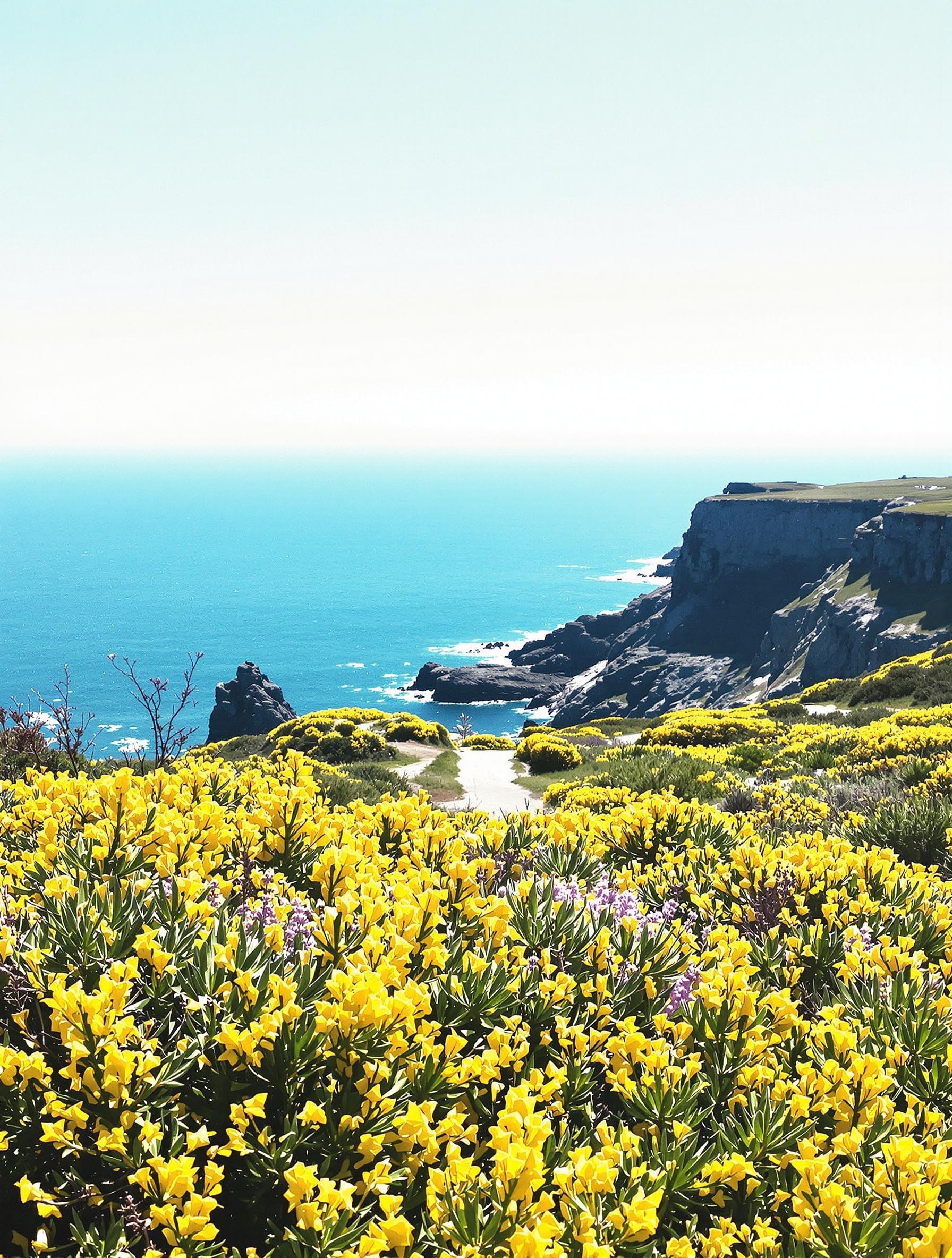 Paysage de landes fleuries au printemps sur le GR34, avec vue sur la mer et des ajoncs en premier plan