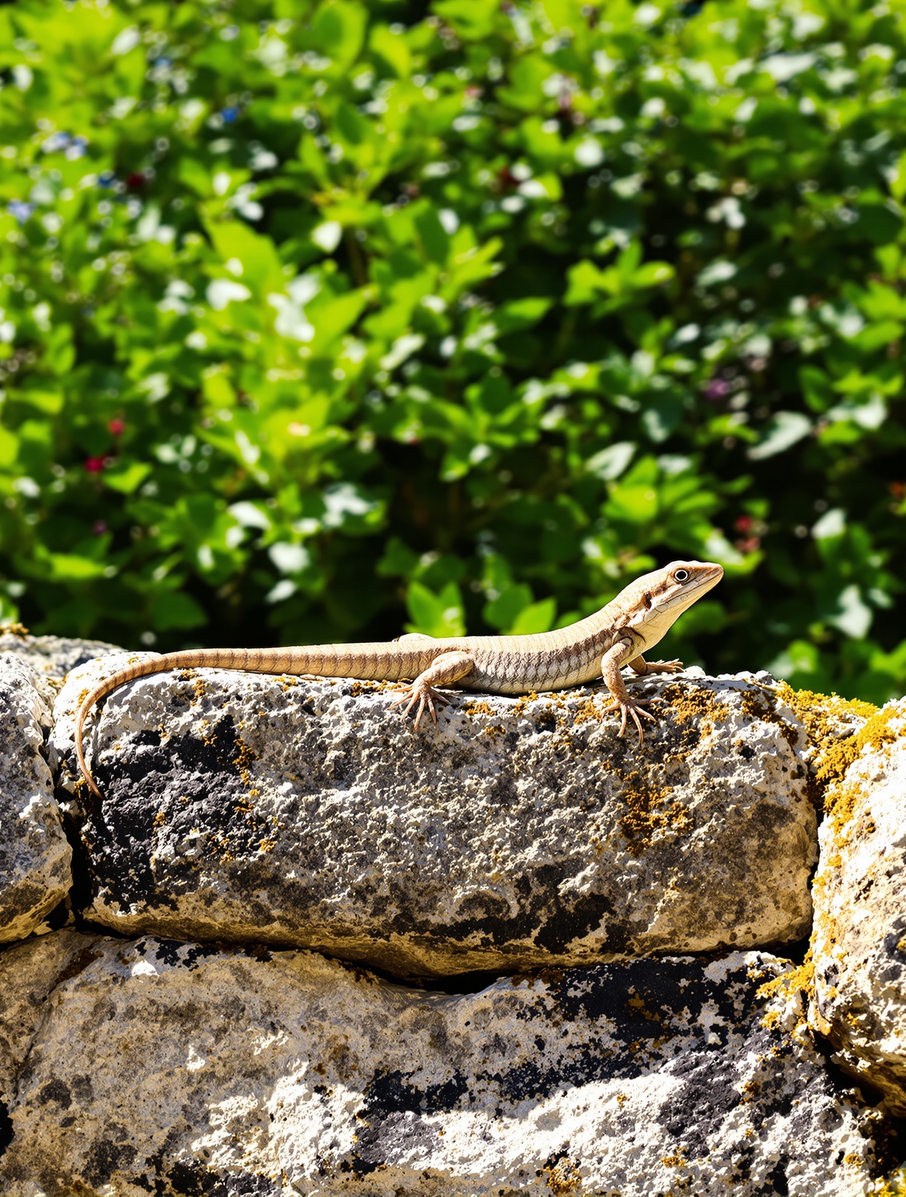 Lézard des murailles au soleil sur muret breton luxuriant