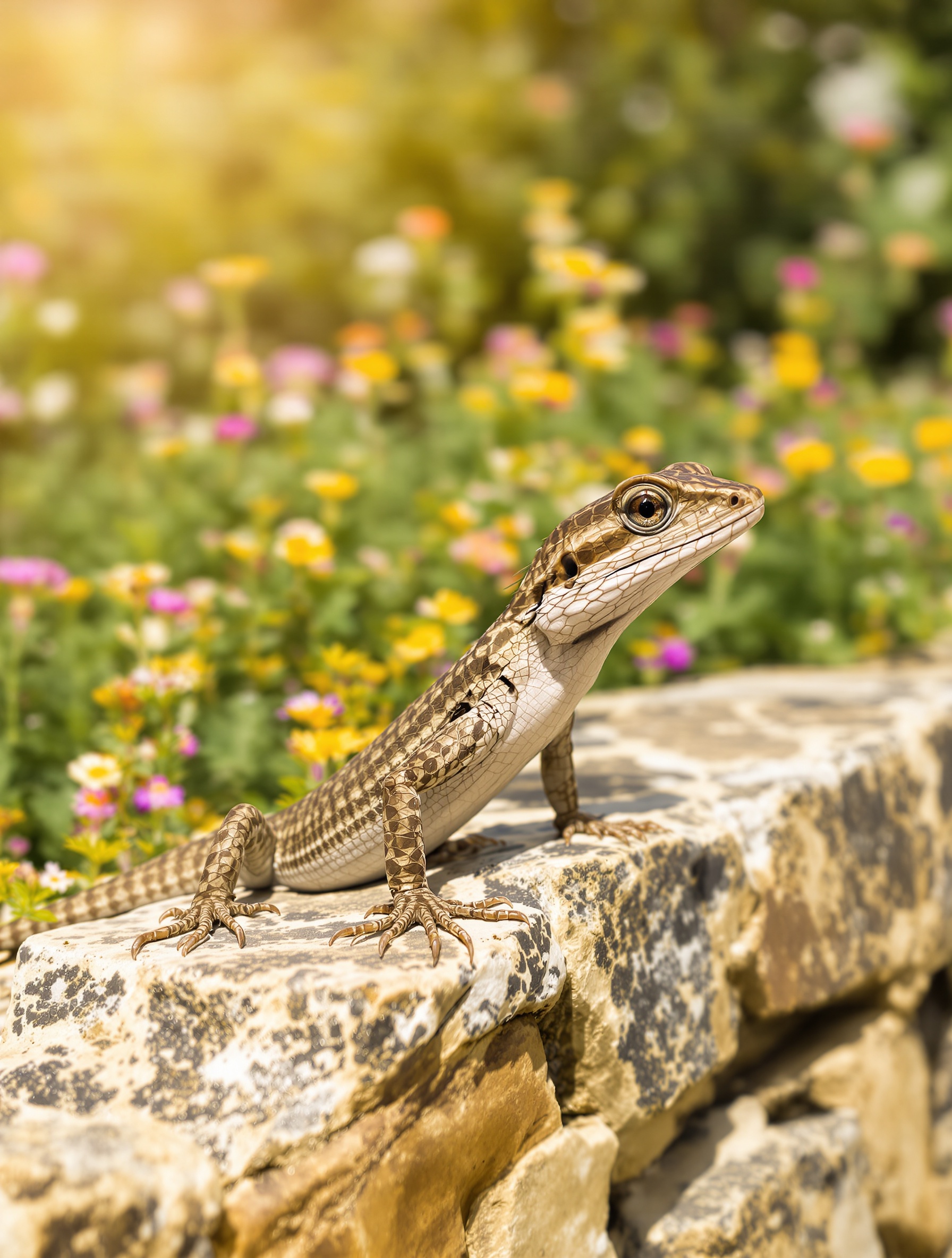 lézard des murailles fier sur muret fleuri breton