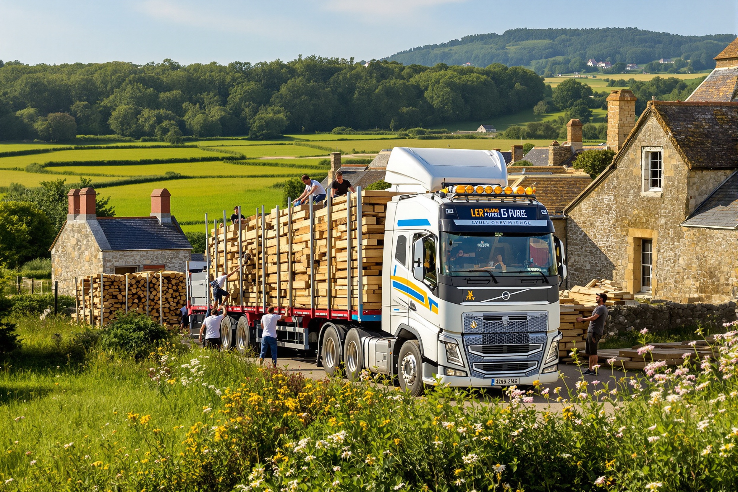 Livraison de bois avec entraide villageoise en Bretagne