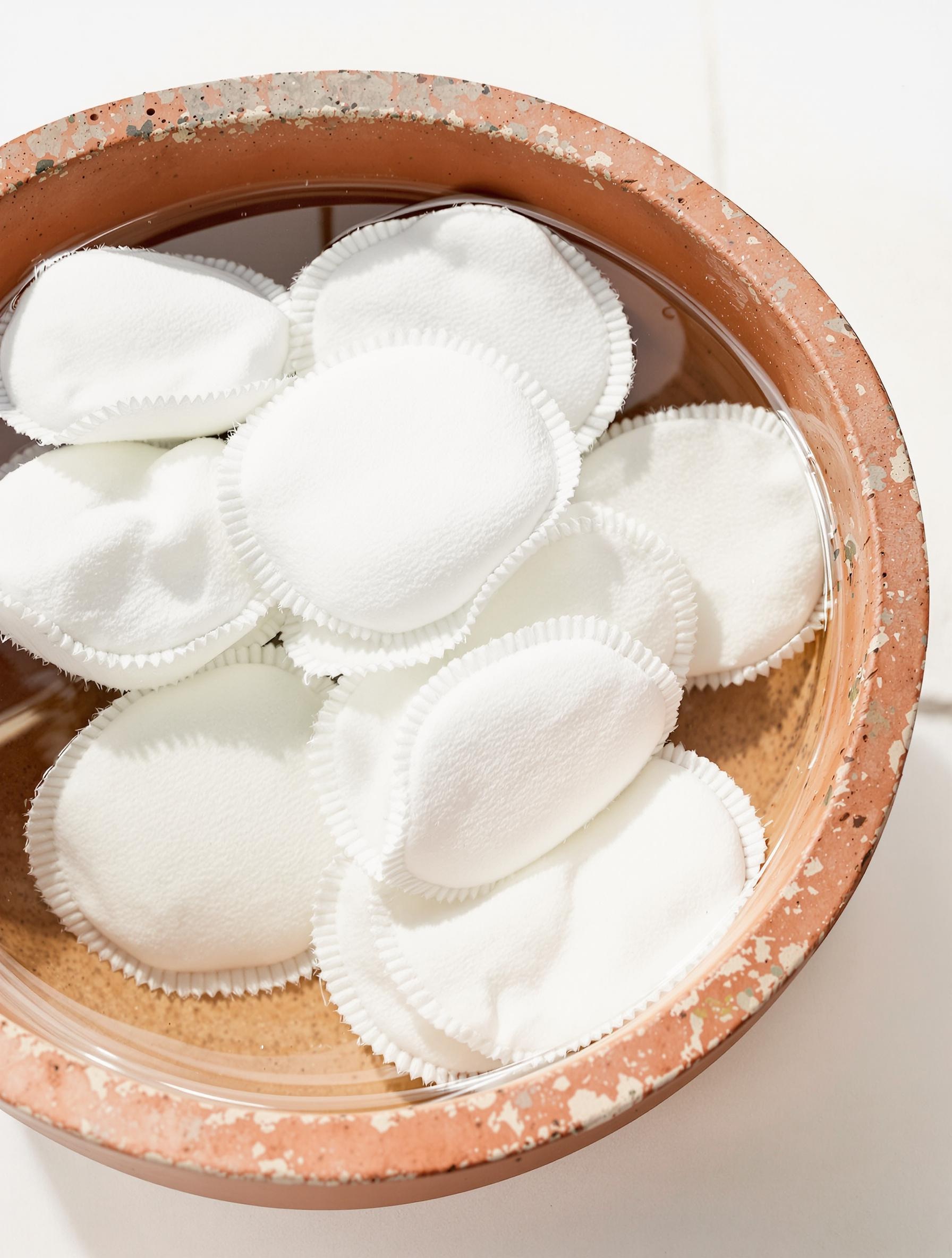 Lot de cotons lavables en coton bio trempant dans une bassine en terre cuite