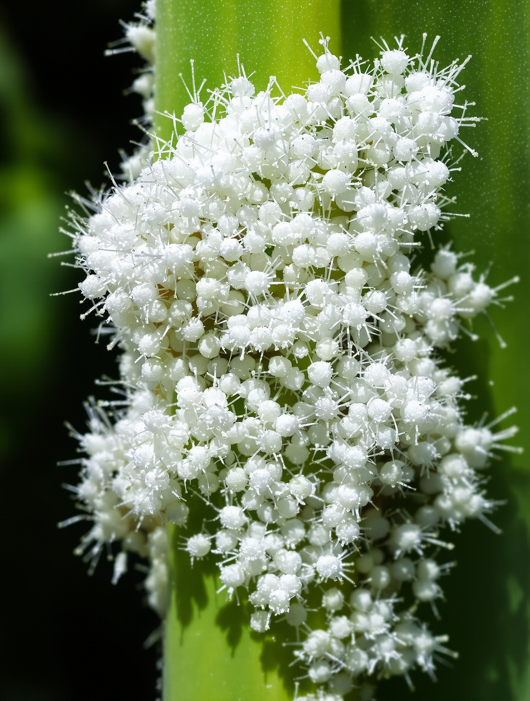 Macro photo de cochenilles farineuses sur feuille de yucca