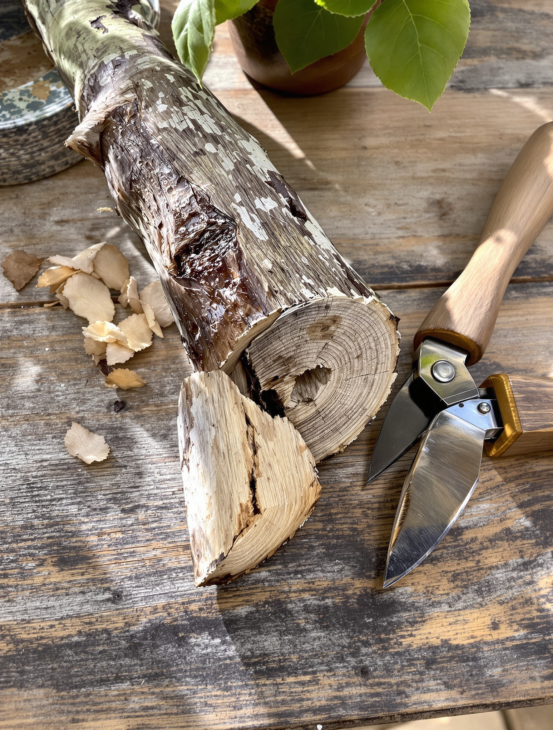 macro tige semi-aoûtée glycine coupe biseau sécateur artisanal