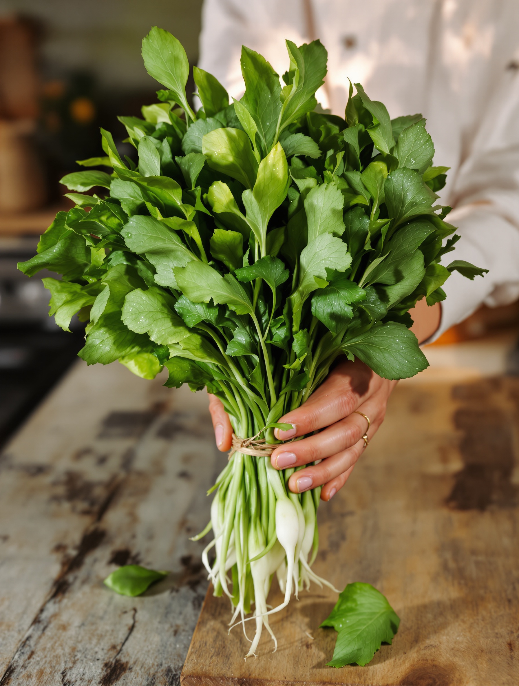Main bretonne tendant des fanes fraîches de radis sur une table rustique.