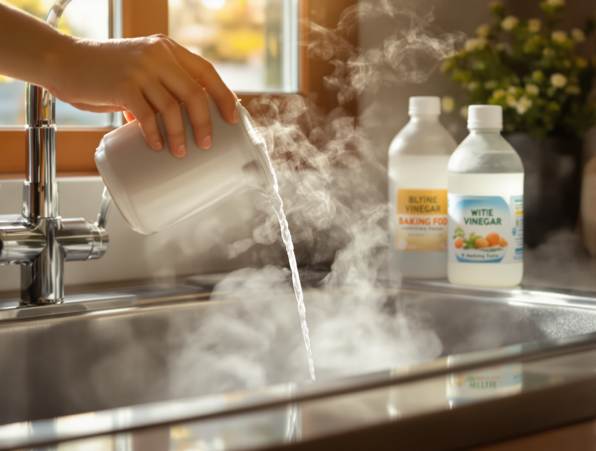 Entretien mensuel évier eau bouillante bicarbonate vinaigre blanc