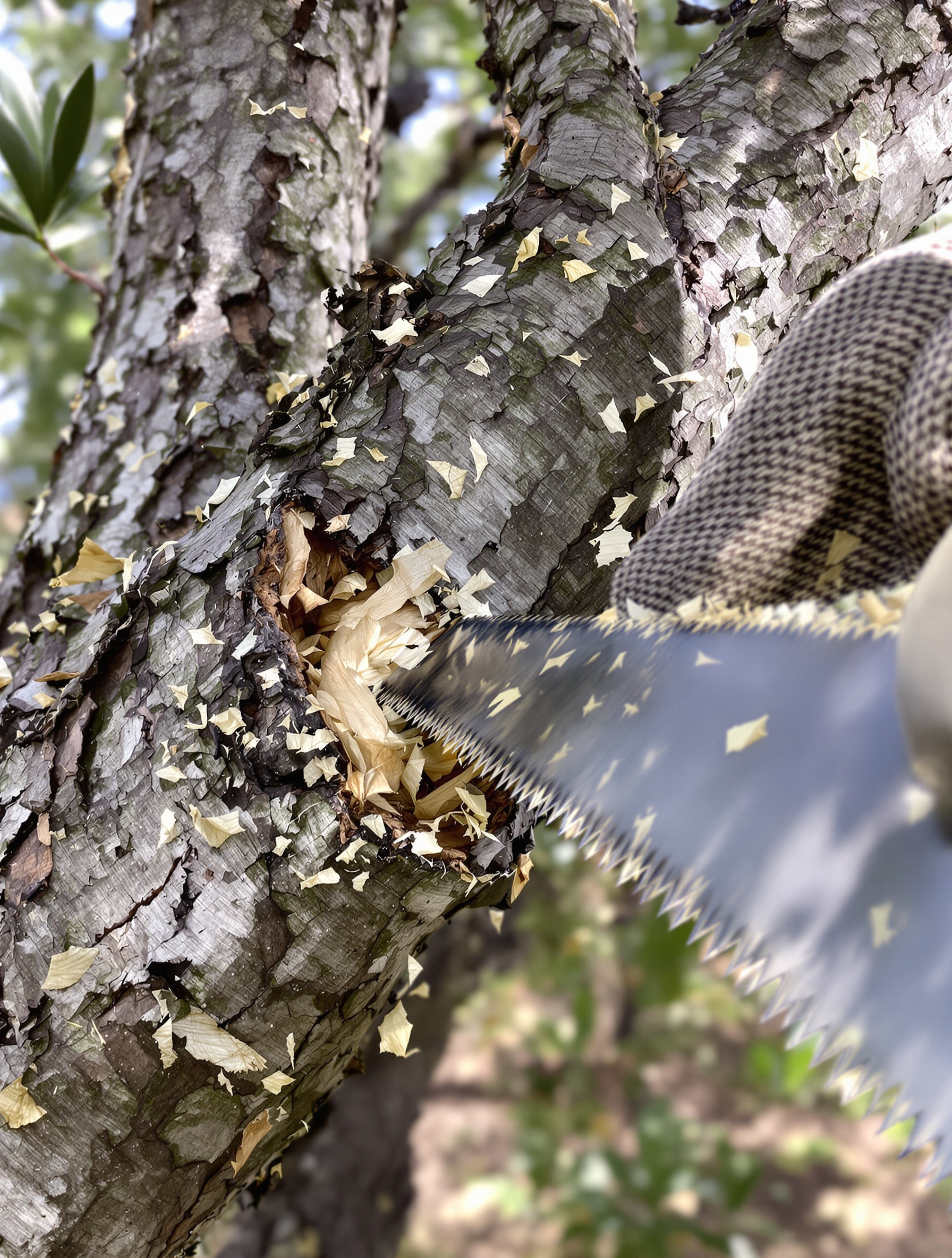 Main coupant une grosse branche d'olivier à la scie d'élagage