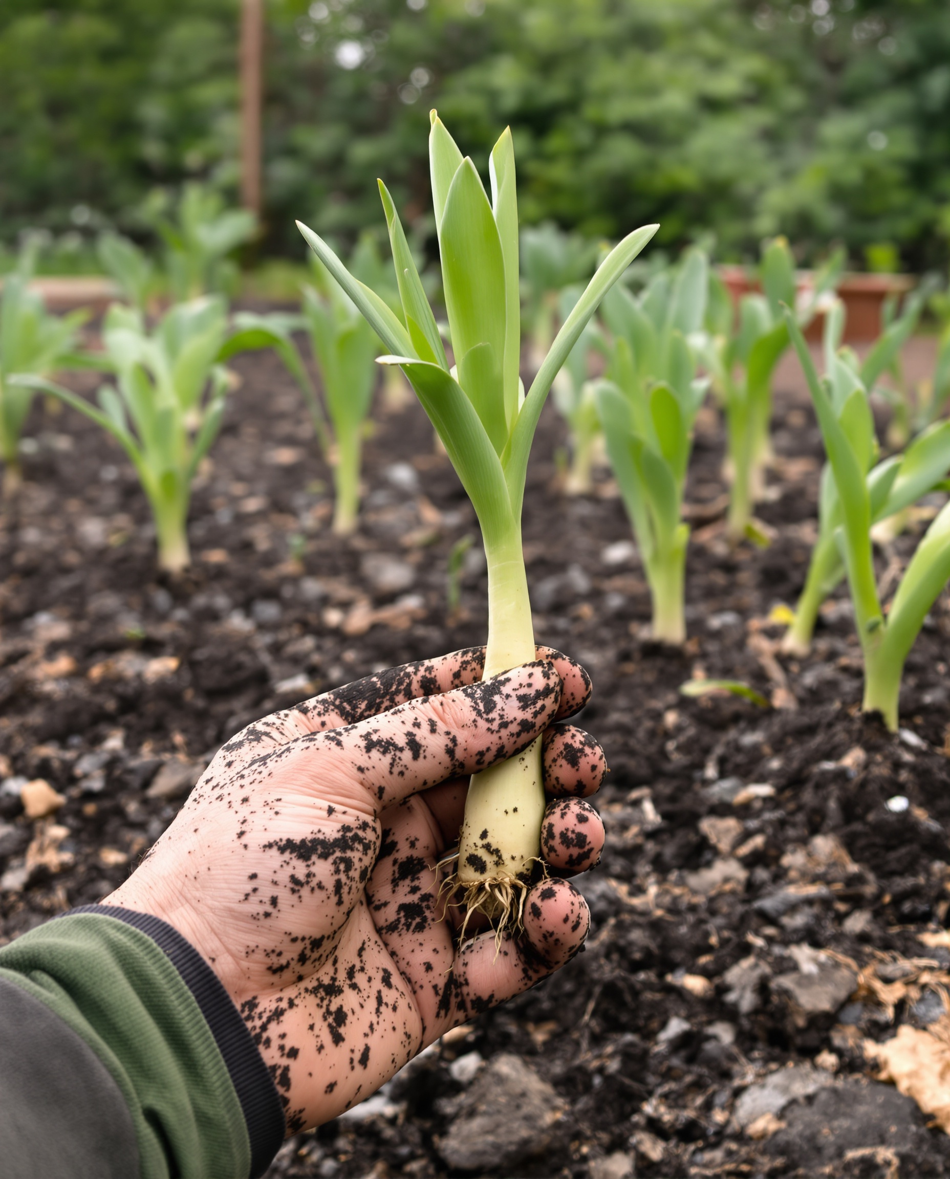 Main de jardinier breton tenant un jeune poireau prêt à repiquer