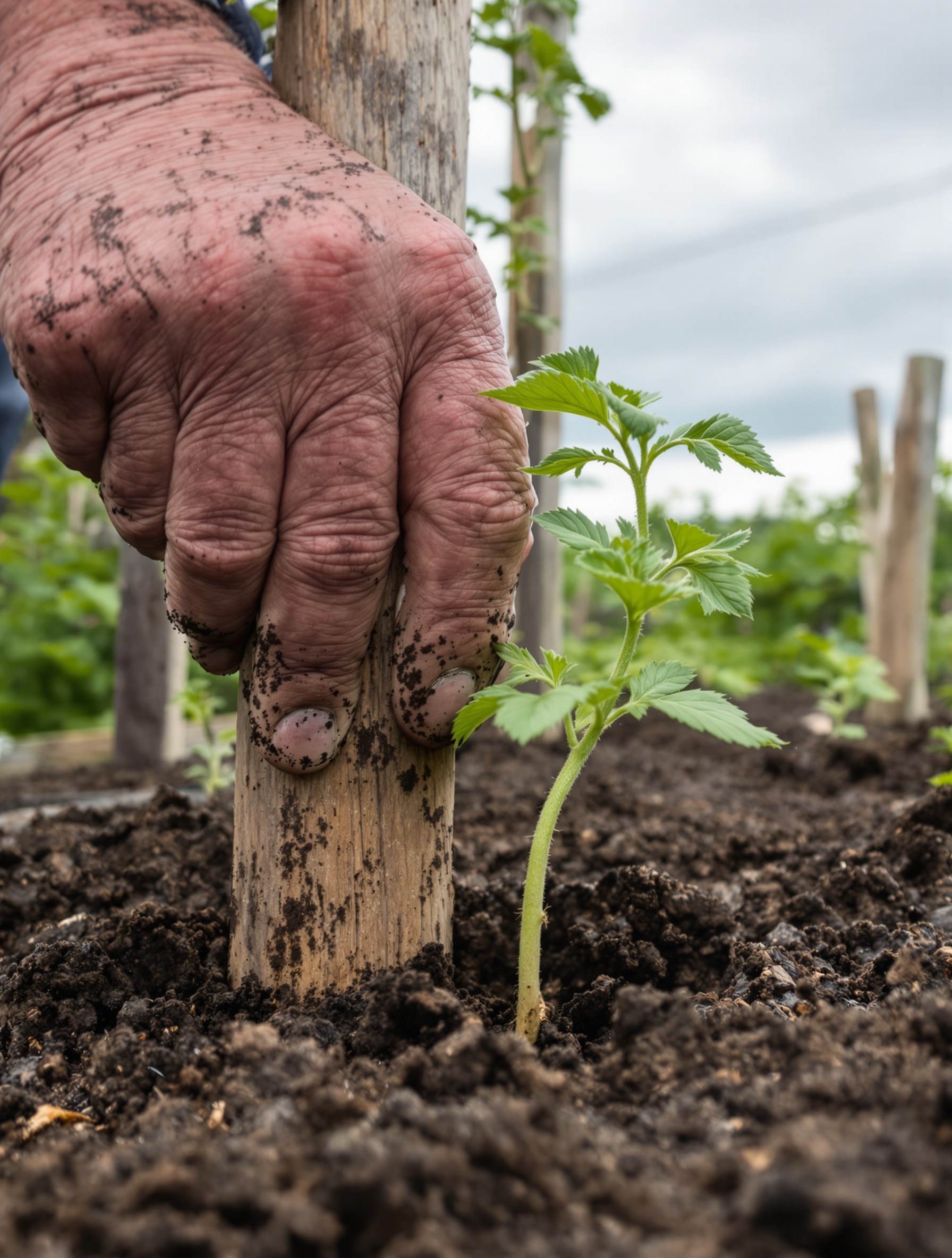 Main de jardinier breton plantant un tuteur solide auprès d'un plant de tomate sous ciel gris