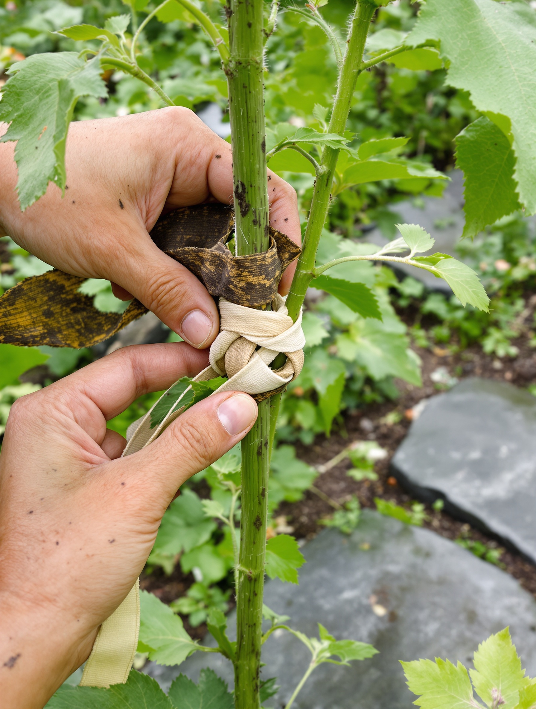 Main nouant un lien souple en 8 sur une tige de tomate avec tissu recyclé