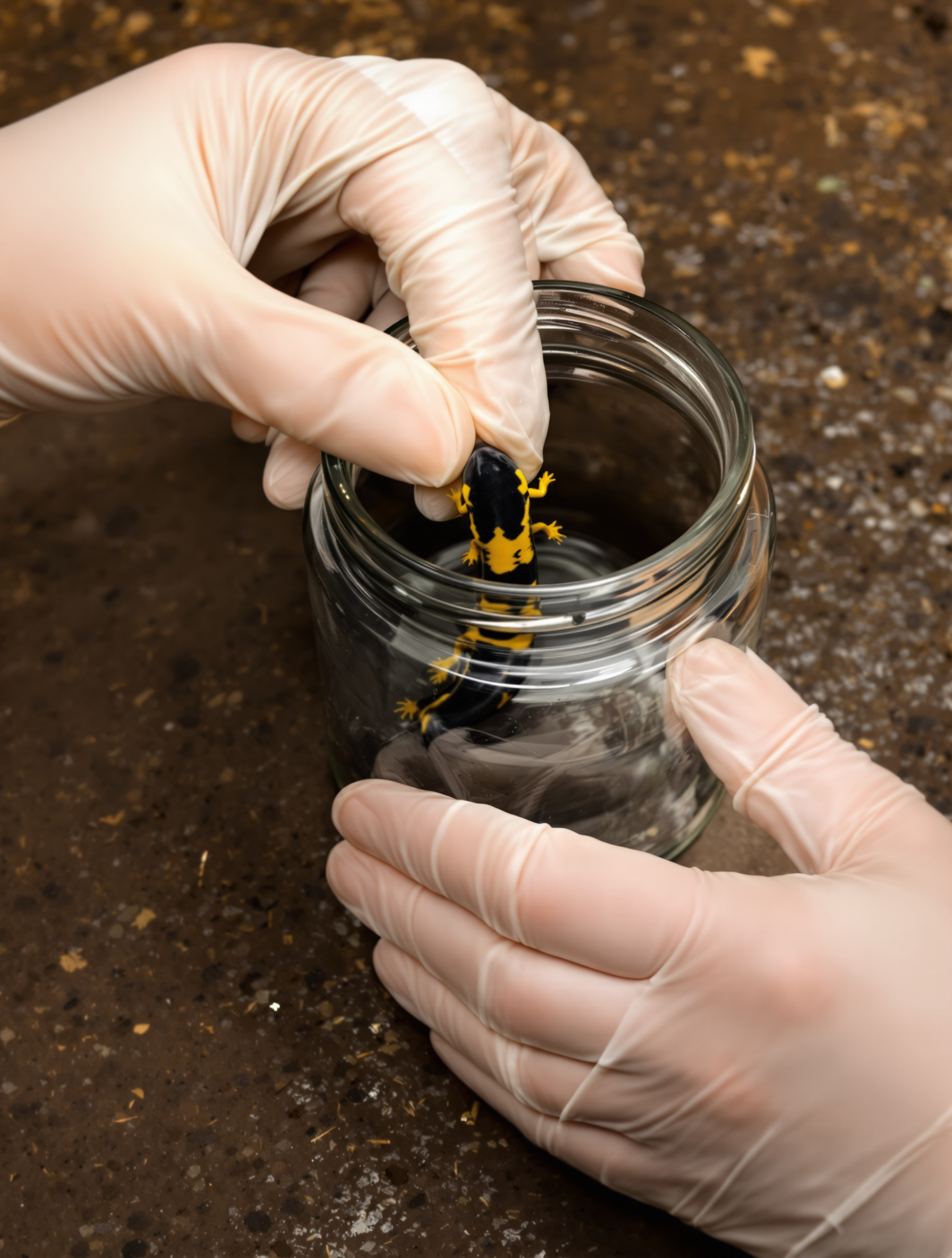 Mains gantées déposant délicatement une salamandre noire et jaune dans un bocal en verre sur sol de cave.