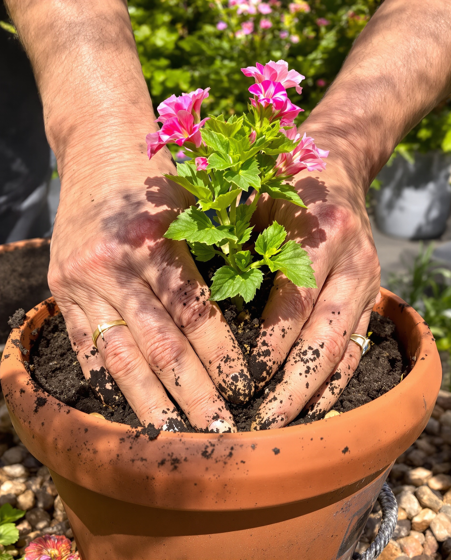 Plantation pélargonium avec billes d'argile