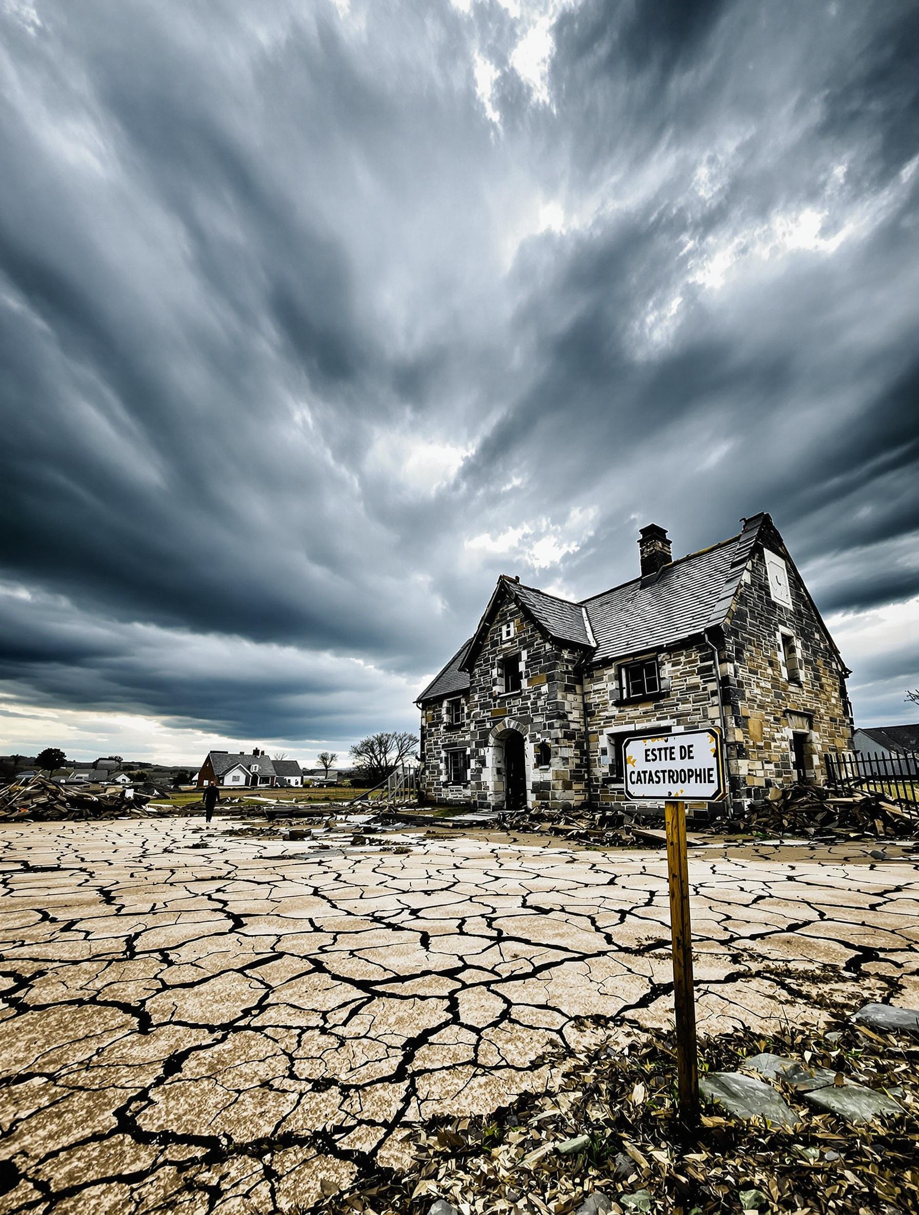 Maison bretonne typique catastrophe naturelle fissures visibles sol craquelé panneau état catastrophe village ciel dramatique