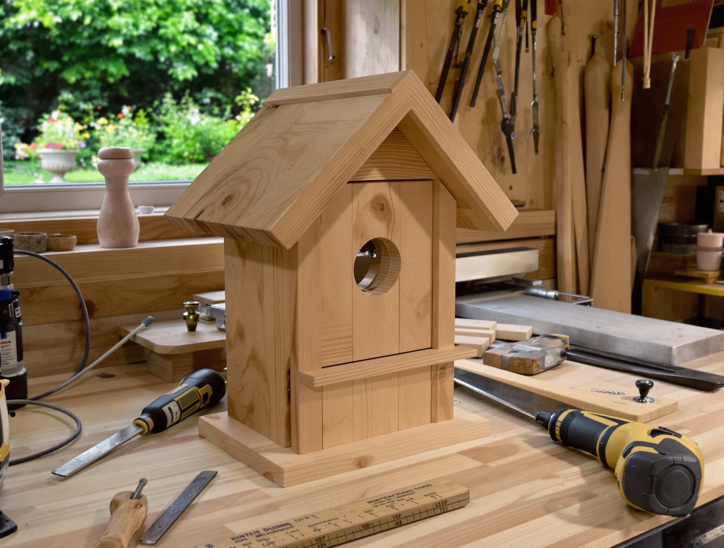 Une mangeoire en bois rustique finie sur un établi d'artisan breton.