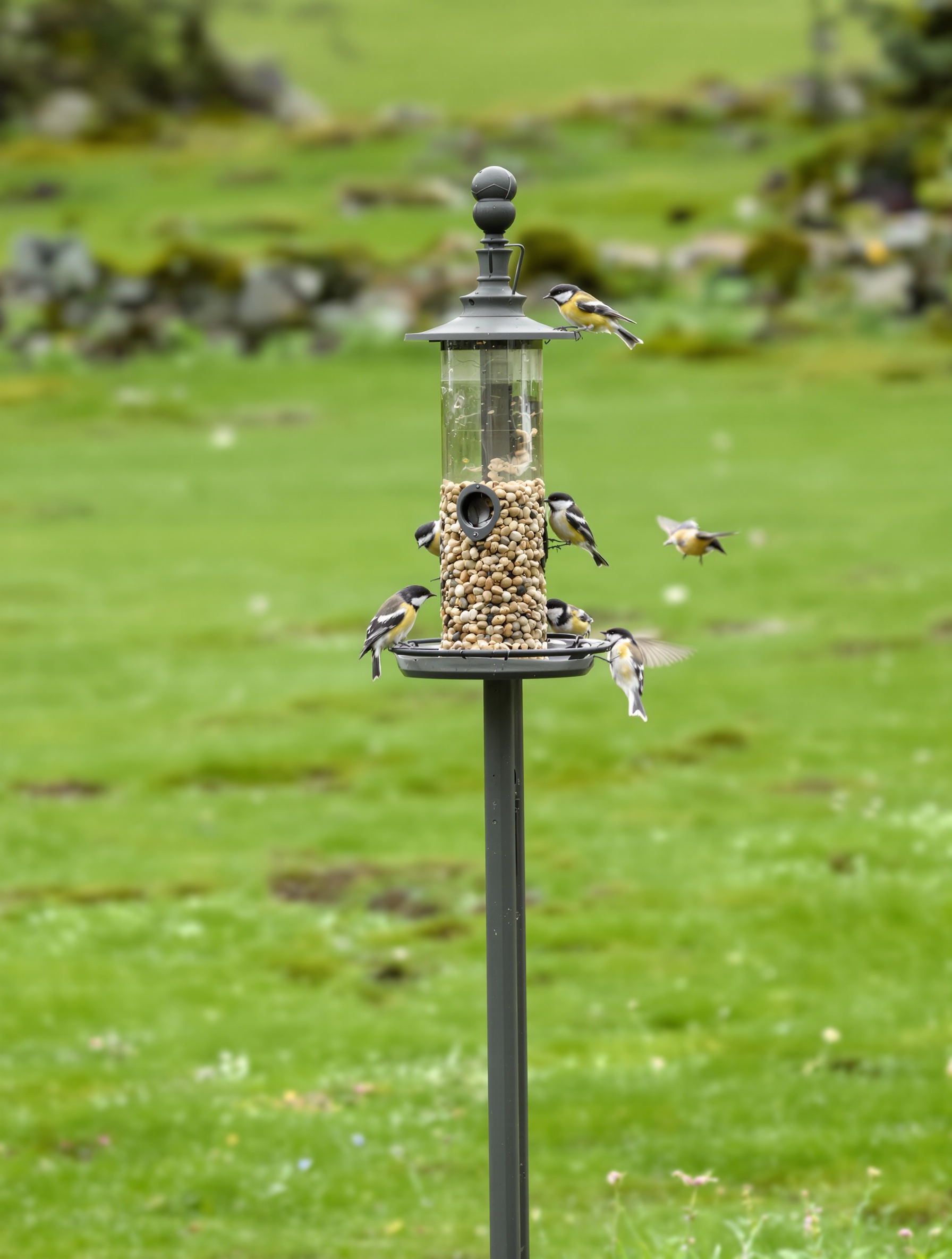 Mangeoire à oiseaux bretonne perchée en hauteur au centre d'une pelouse dégagée.