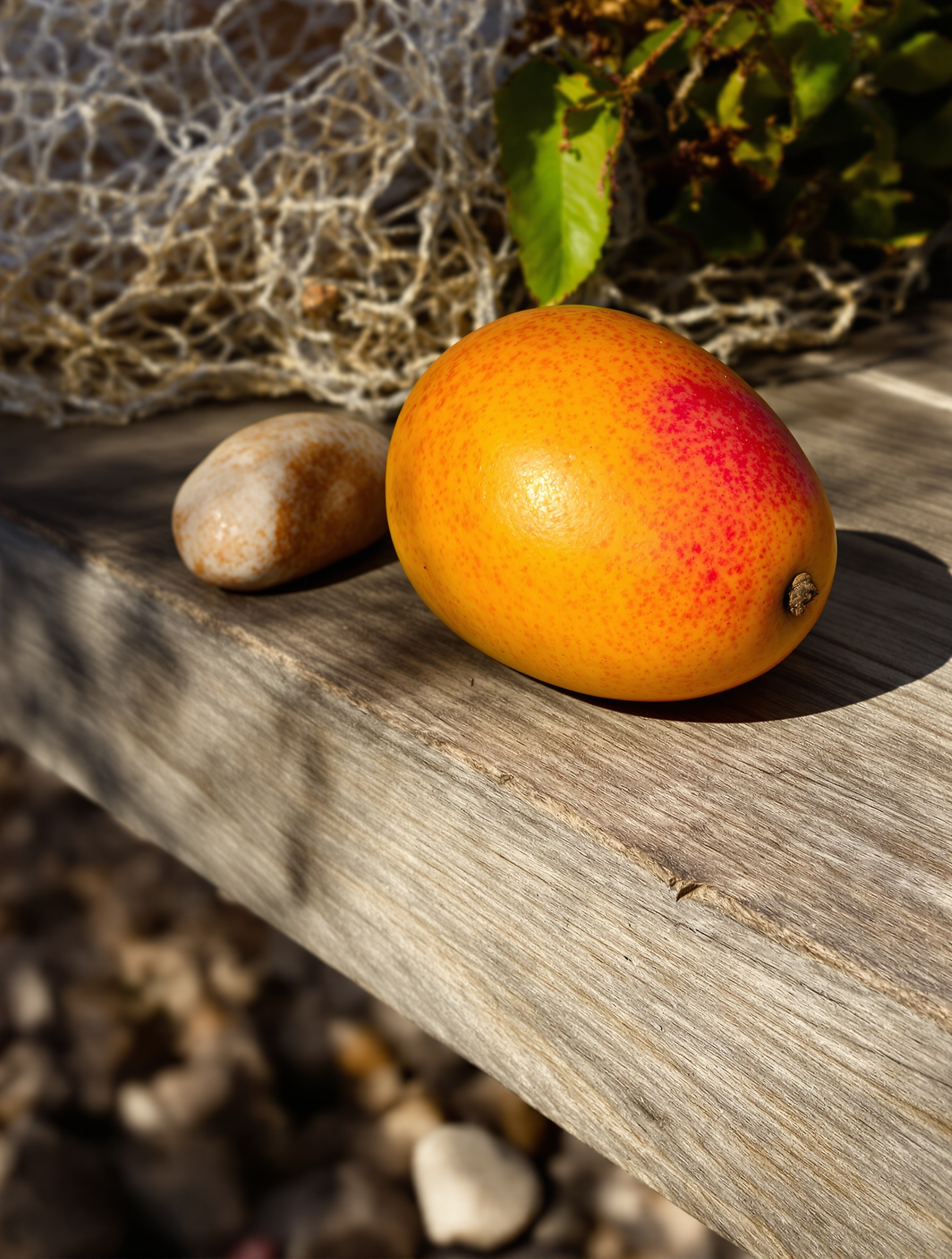 Mangue mûre posée sur une table en bois rustique avec galet et filet de pêche breton