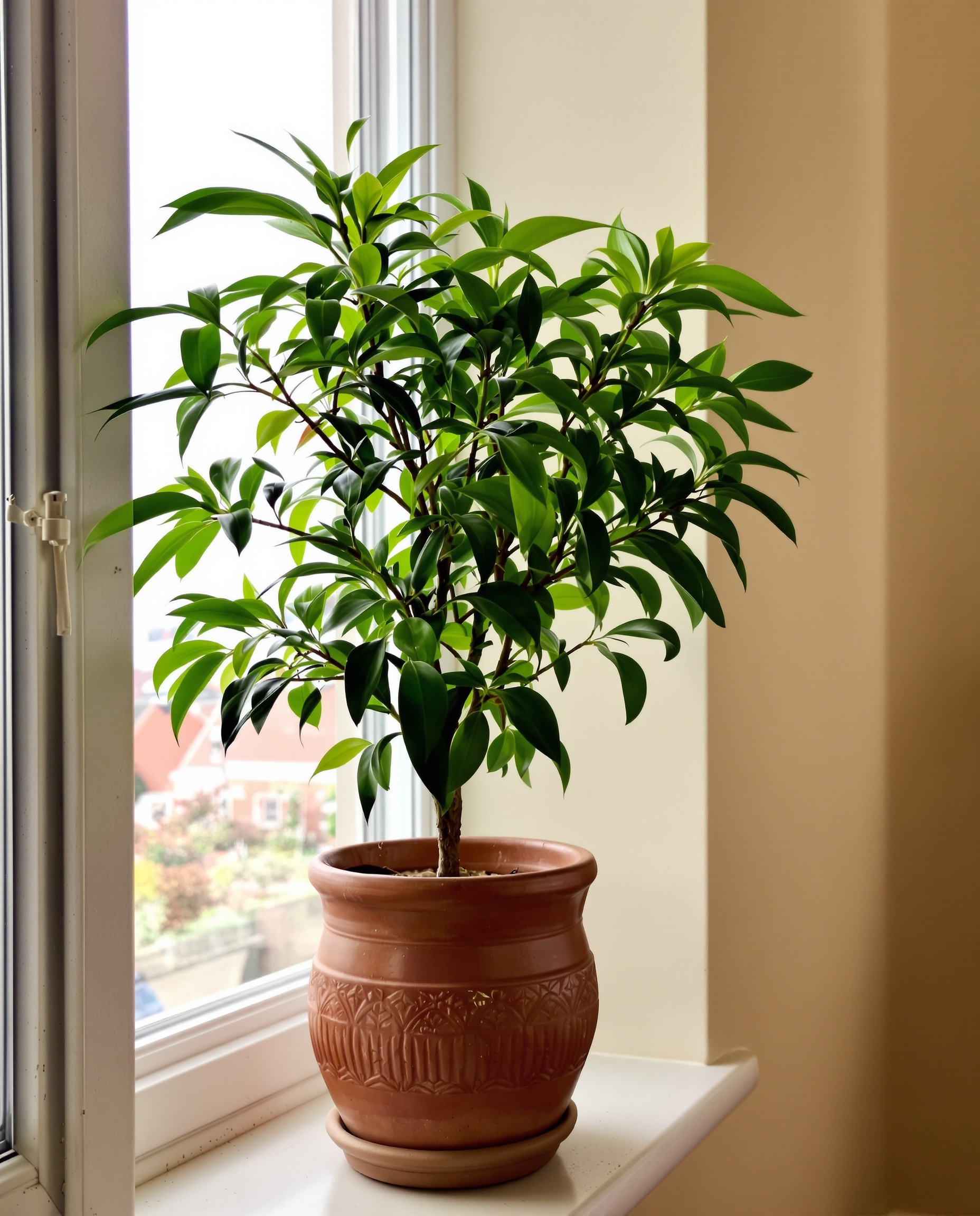 Jeune manguier en pot artisanal sur rebord de fenêtre bretonne