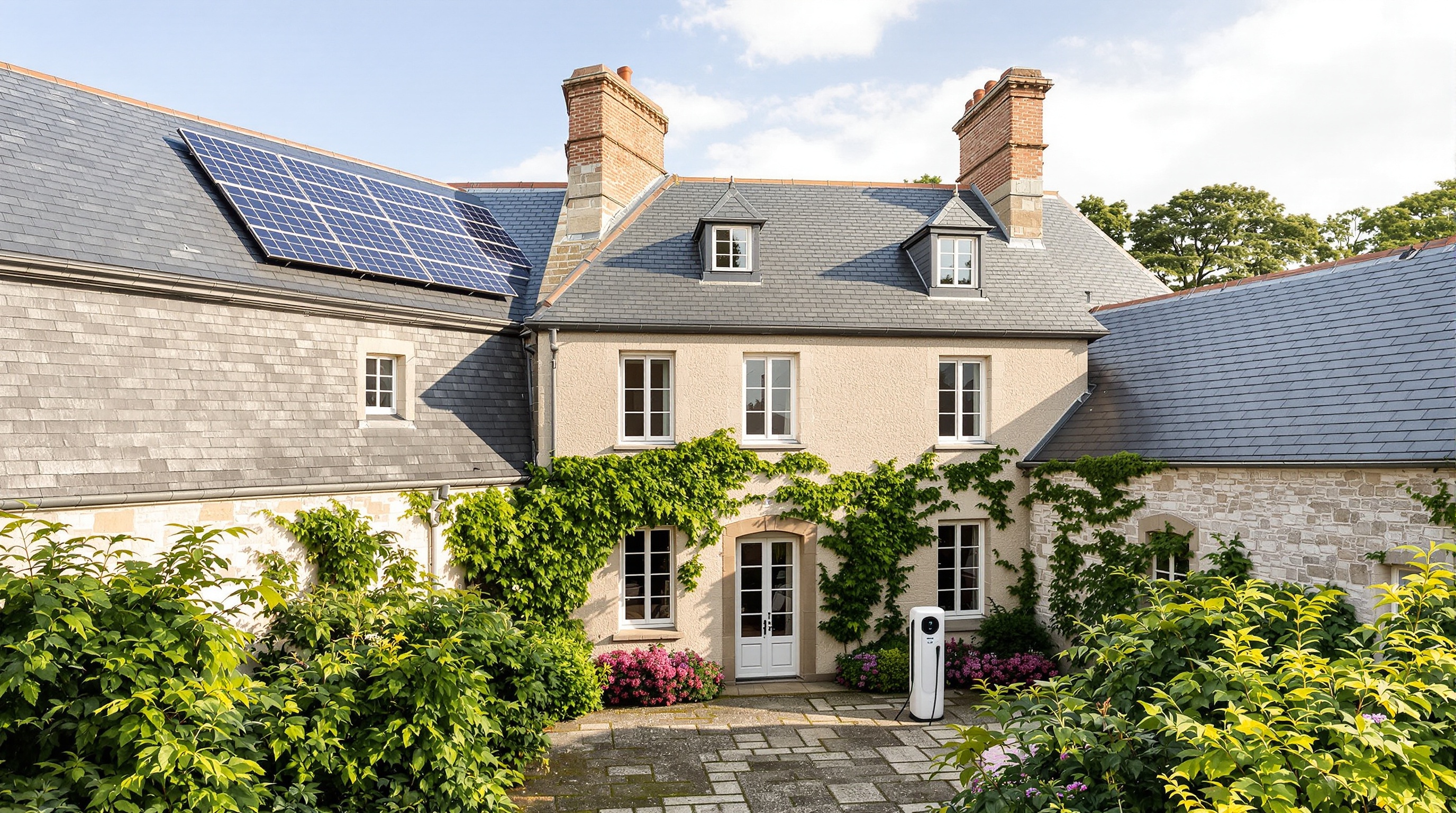 Contraste entre tradition et modernité : panneaux solaires sur toiture ancienne et borne électrique en cour patrimoniale