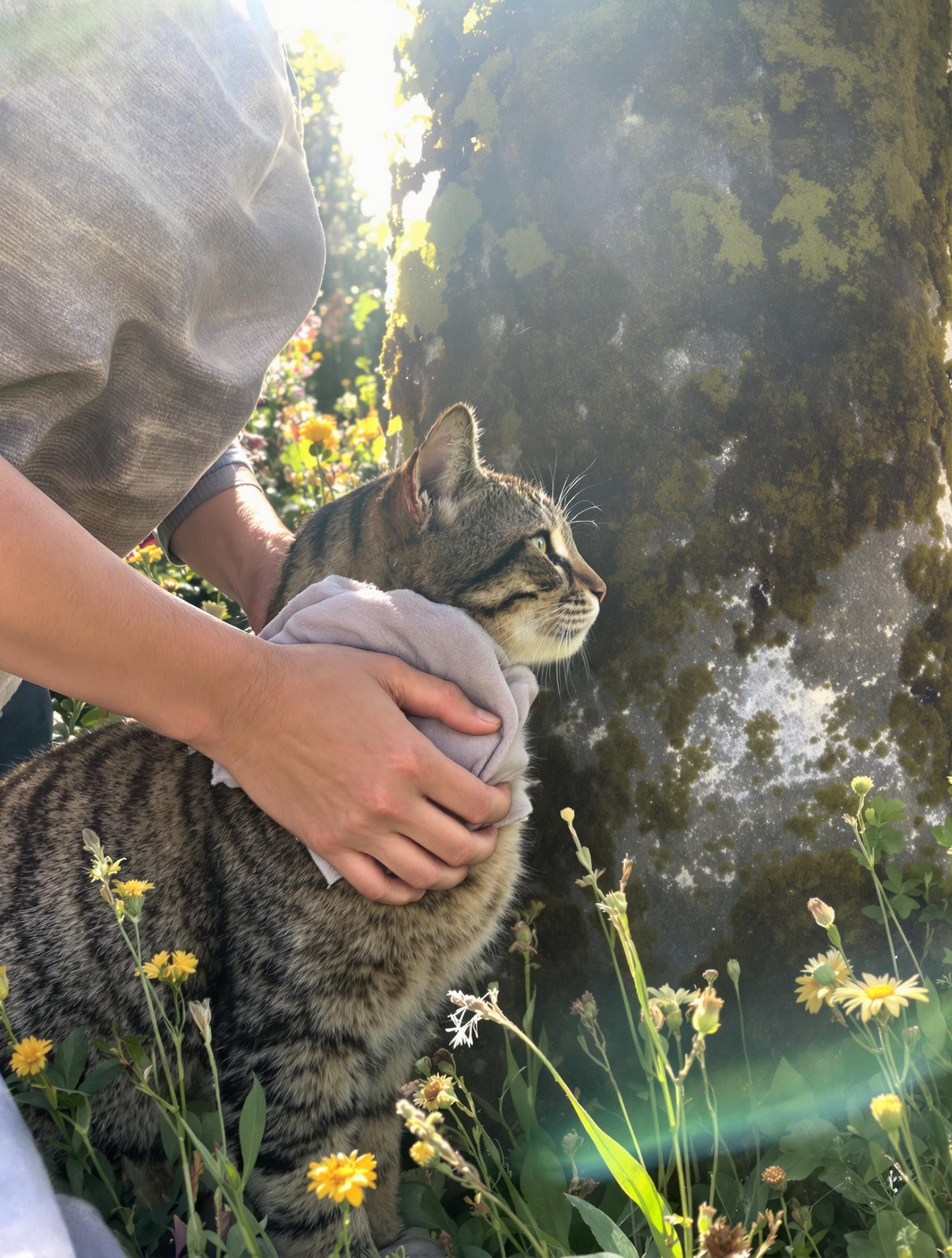 Massage d'un chat avec kombucha, menhir et algues en arrière-plan