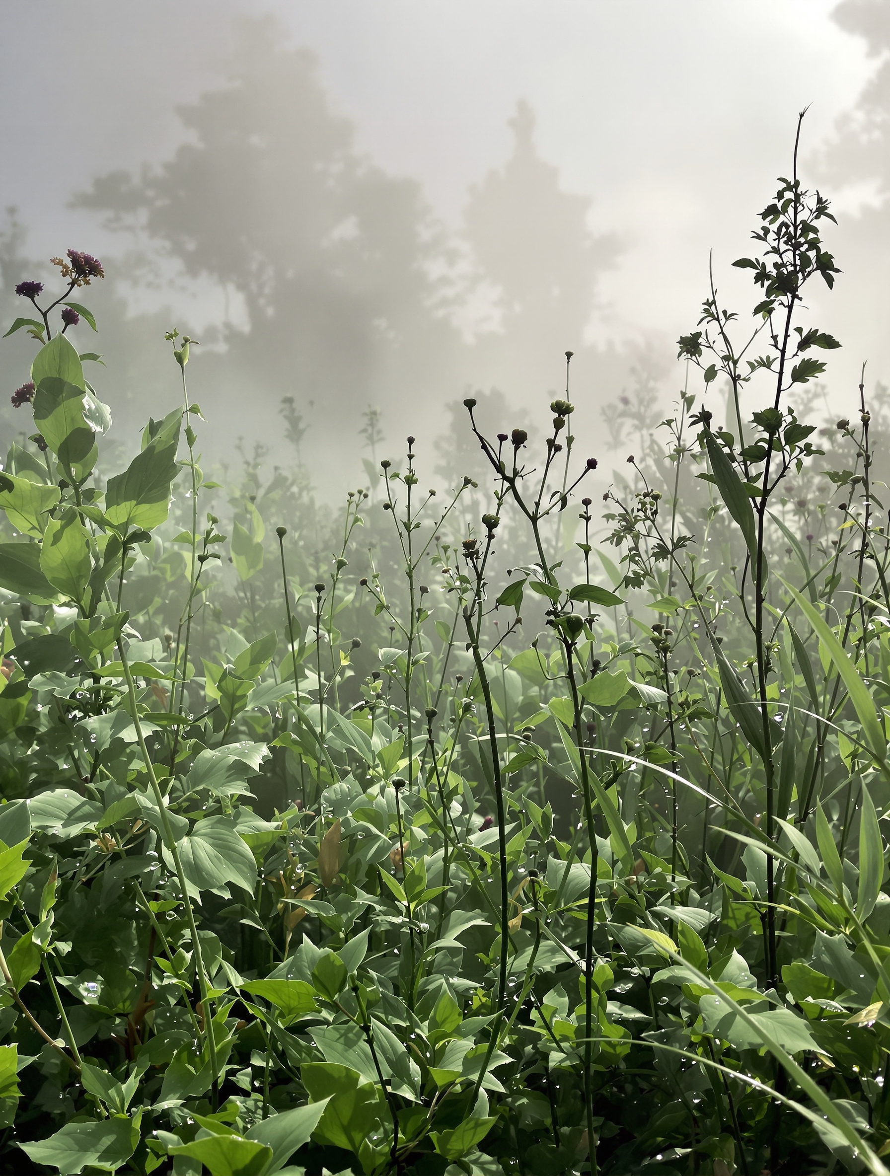 Matin brumeux avec rosée sur des adventices dans un jardin breton