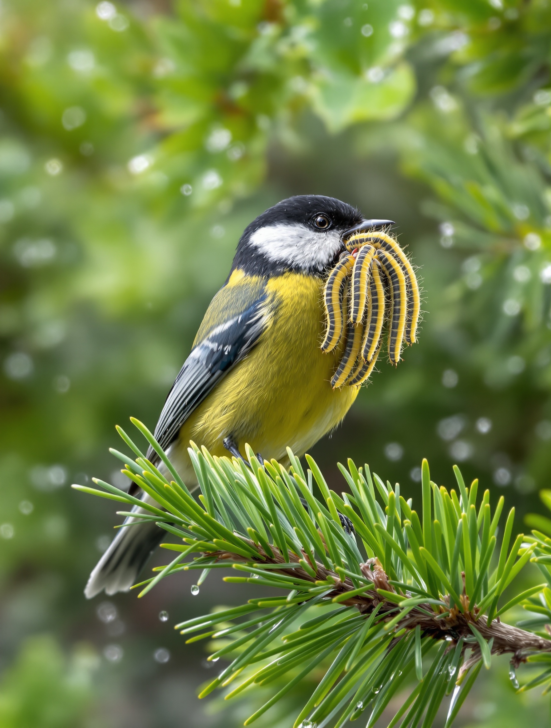 Mésange charbonnière mangeant chenilles processionnaires sur branche de pin en Bretagne