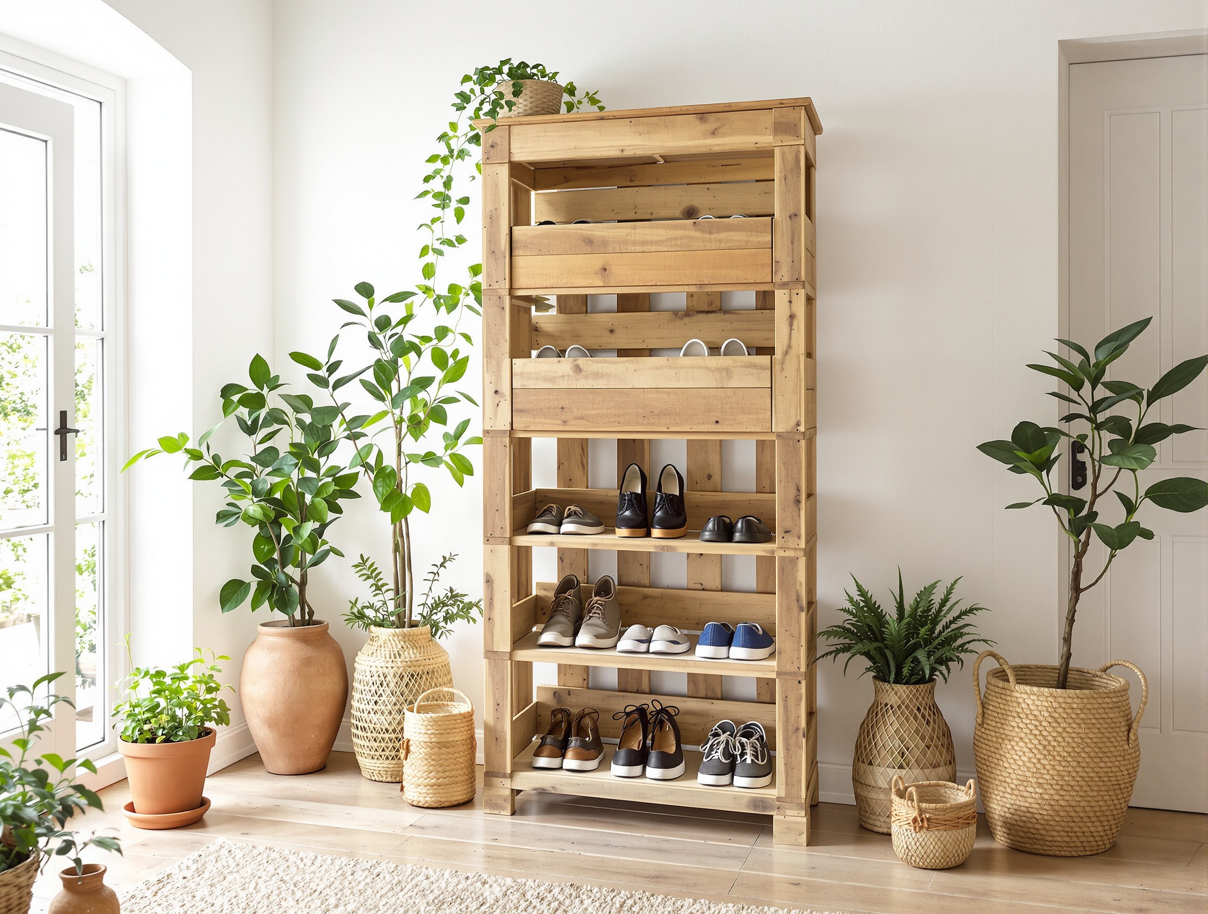 Meuble à chaussures en palette recyclée dans une entrée décorée naturellement