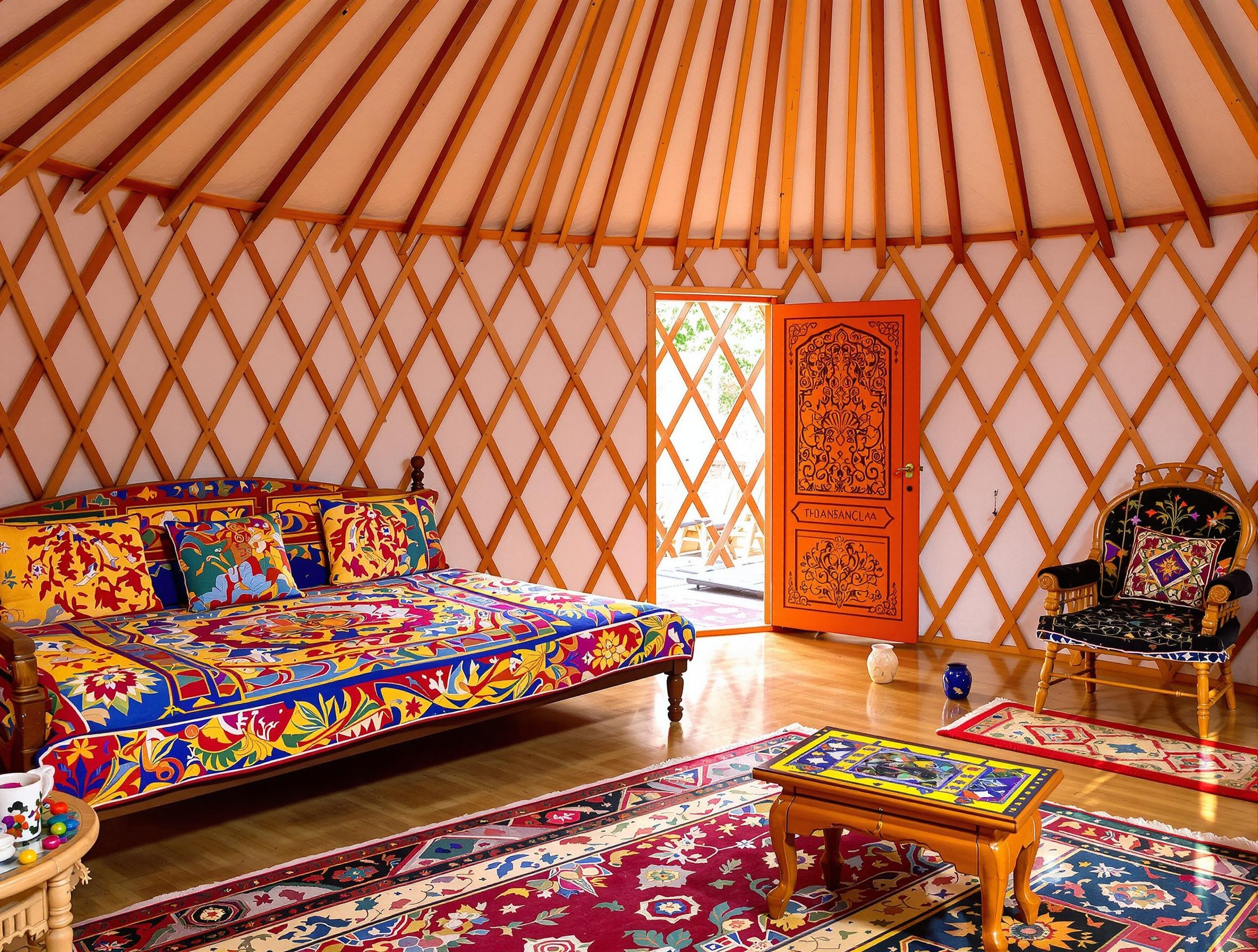 Mobilier traditionnel mongol pour yourte, incluant un lit bas peint à la main, des tapis colorés et une porte sculptée orange.