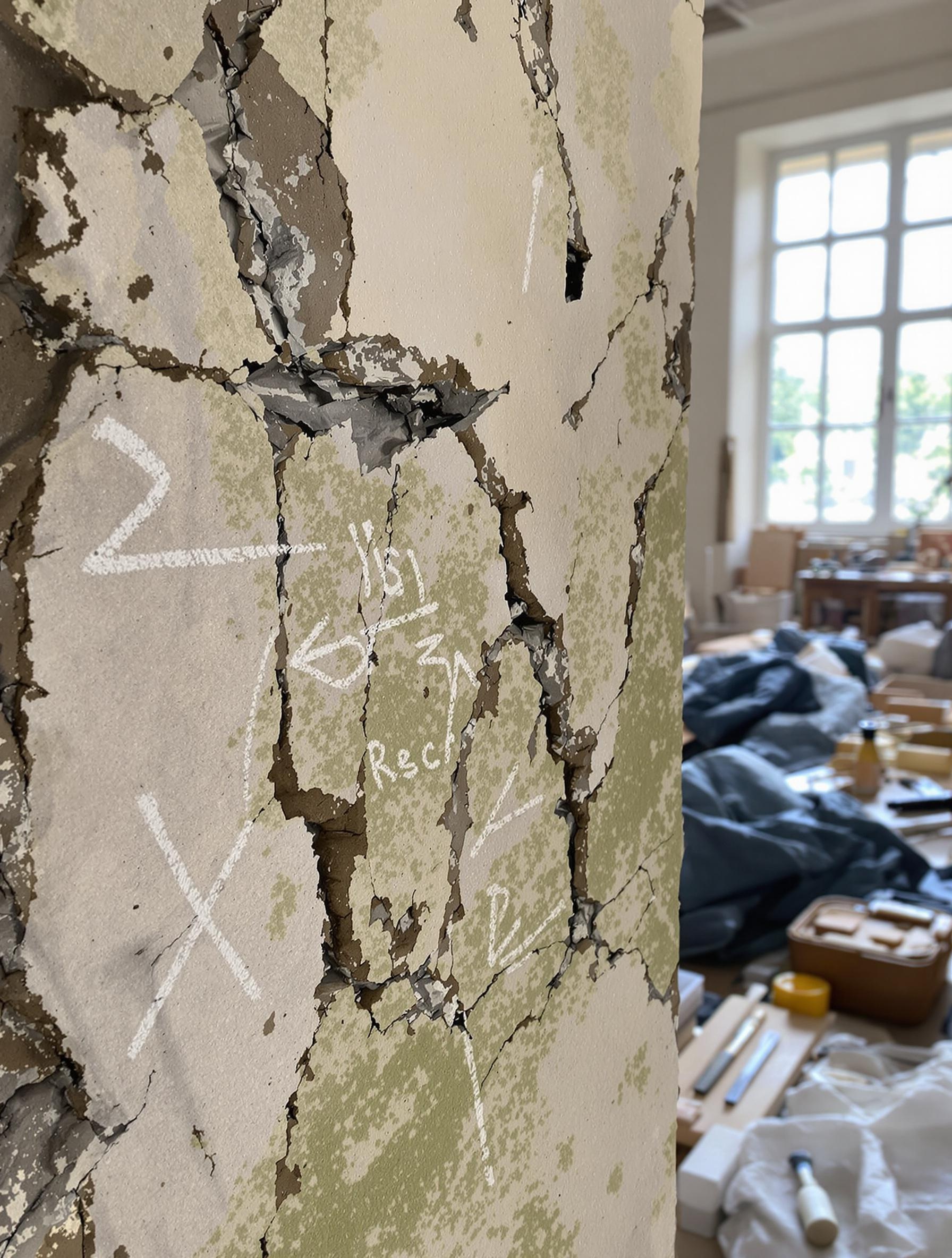 Modénature façade endommagée moulure cassée joints désagrégés humidité mousse verte marquage remplacement