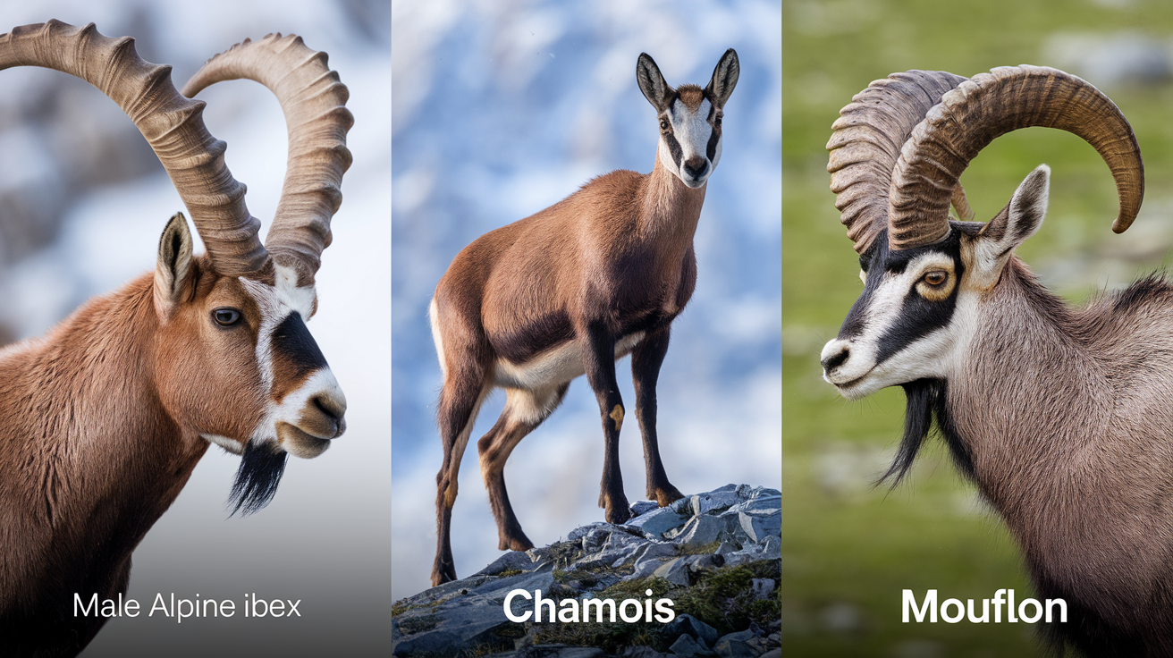 Identification facile du bouquetin mâle (cornes imposantes et barbiche), chamois alerte sur rocher (silhouette fine), mouflon (cornes spiralées).