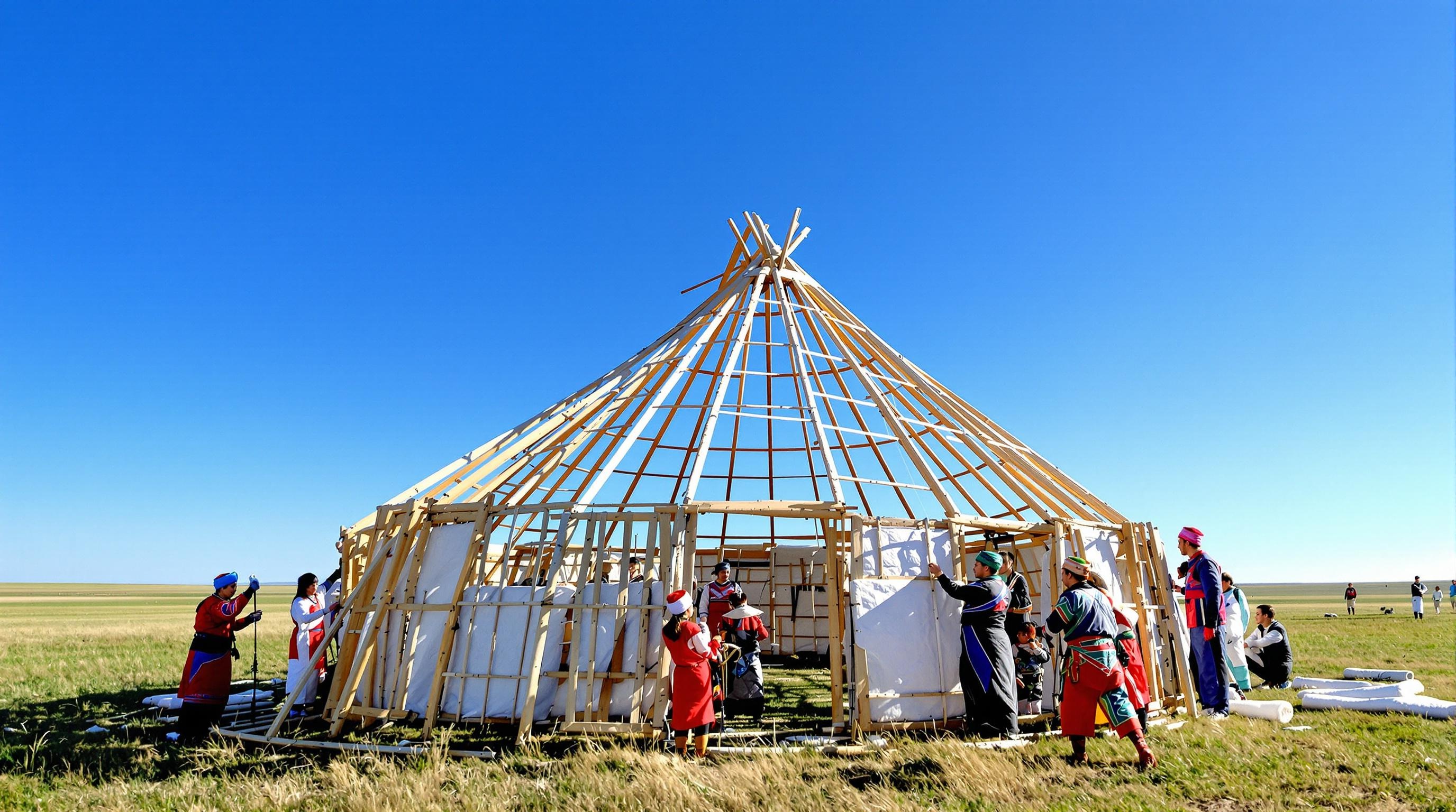 Scène de montage d'une yourte mongole sur la steppe, avec une famille posant le khana et les piliers bagana.