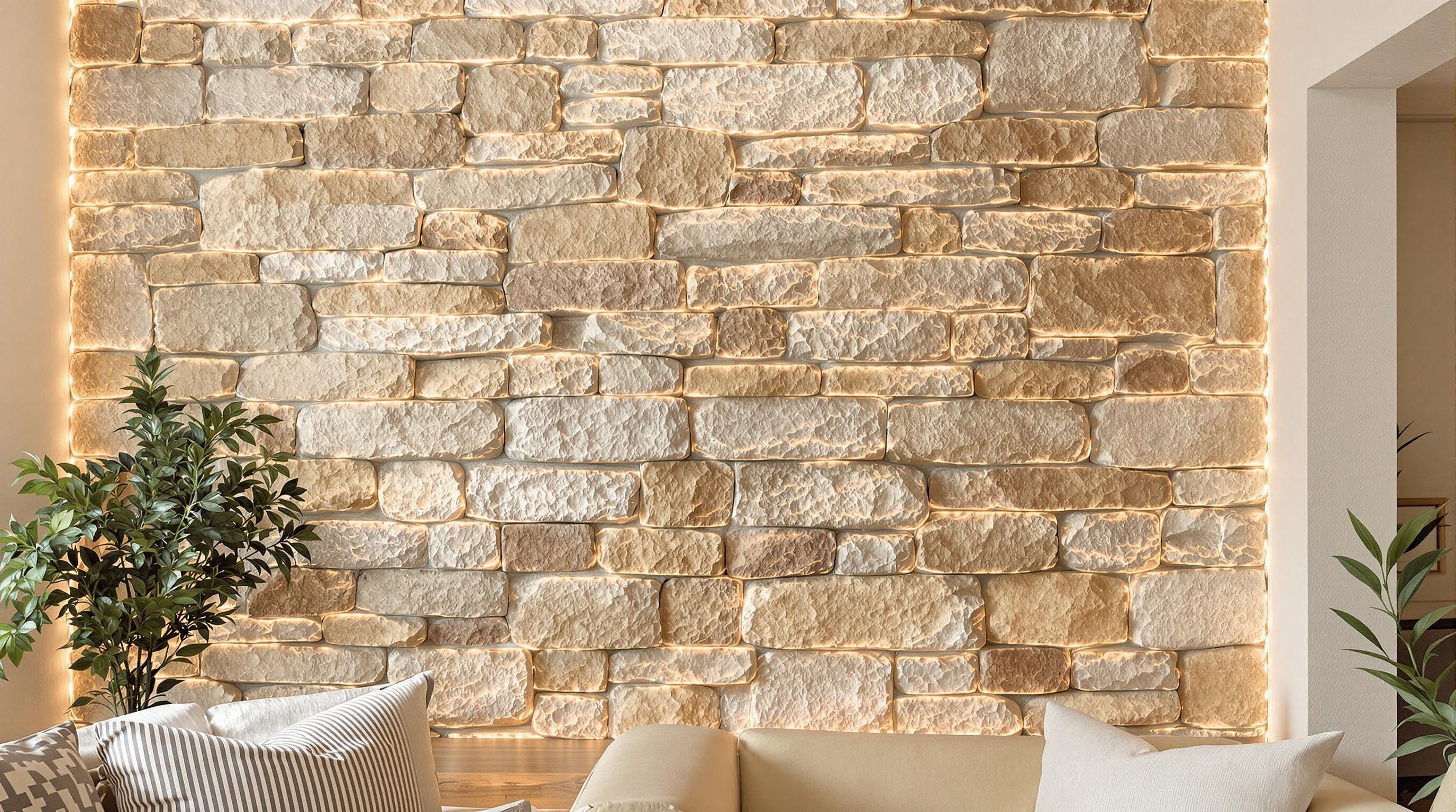 Mur en pierre rénové avec éclairage LED et décoration bretonne
