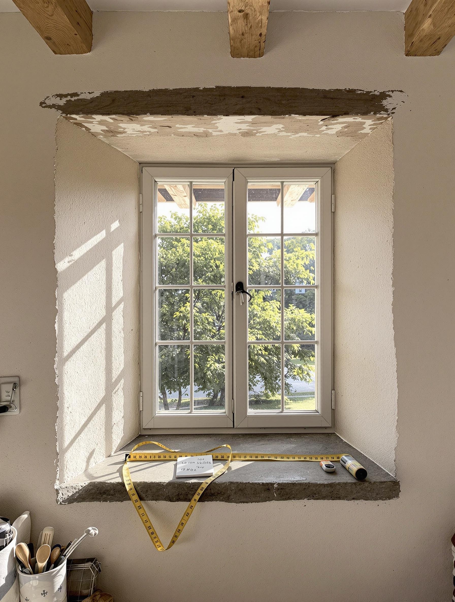 Mur de salon avec une grande fenêtre centrale et un mètre ruban.