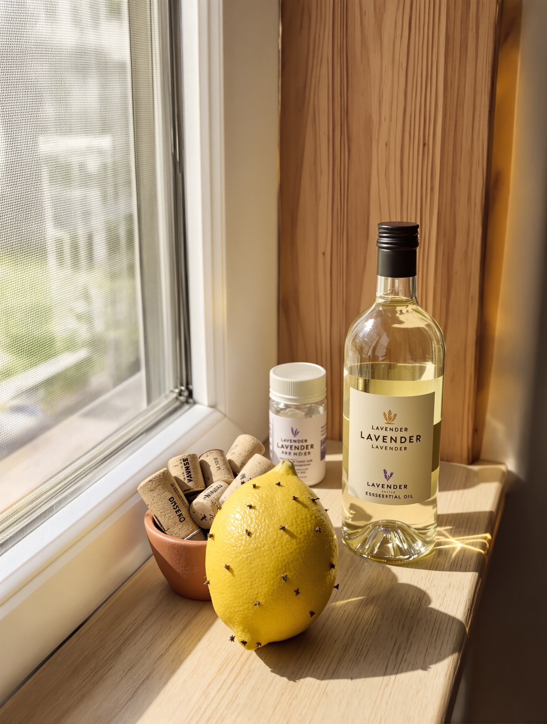 Nature morte répulsifs naturels moucheron citron girofle bouchon liège lavande fenêtre