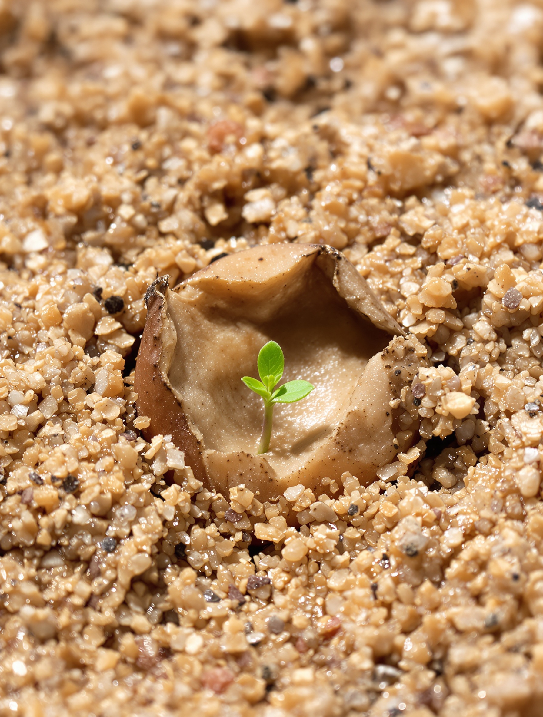 Un noyau d'abricot en cours de stratification dans un mélange de sable et de terreau humide, montrant un léger germe émergeant, symbolisant la vie qui s'éveille après le 'coup de froid breton'.