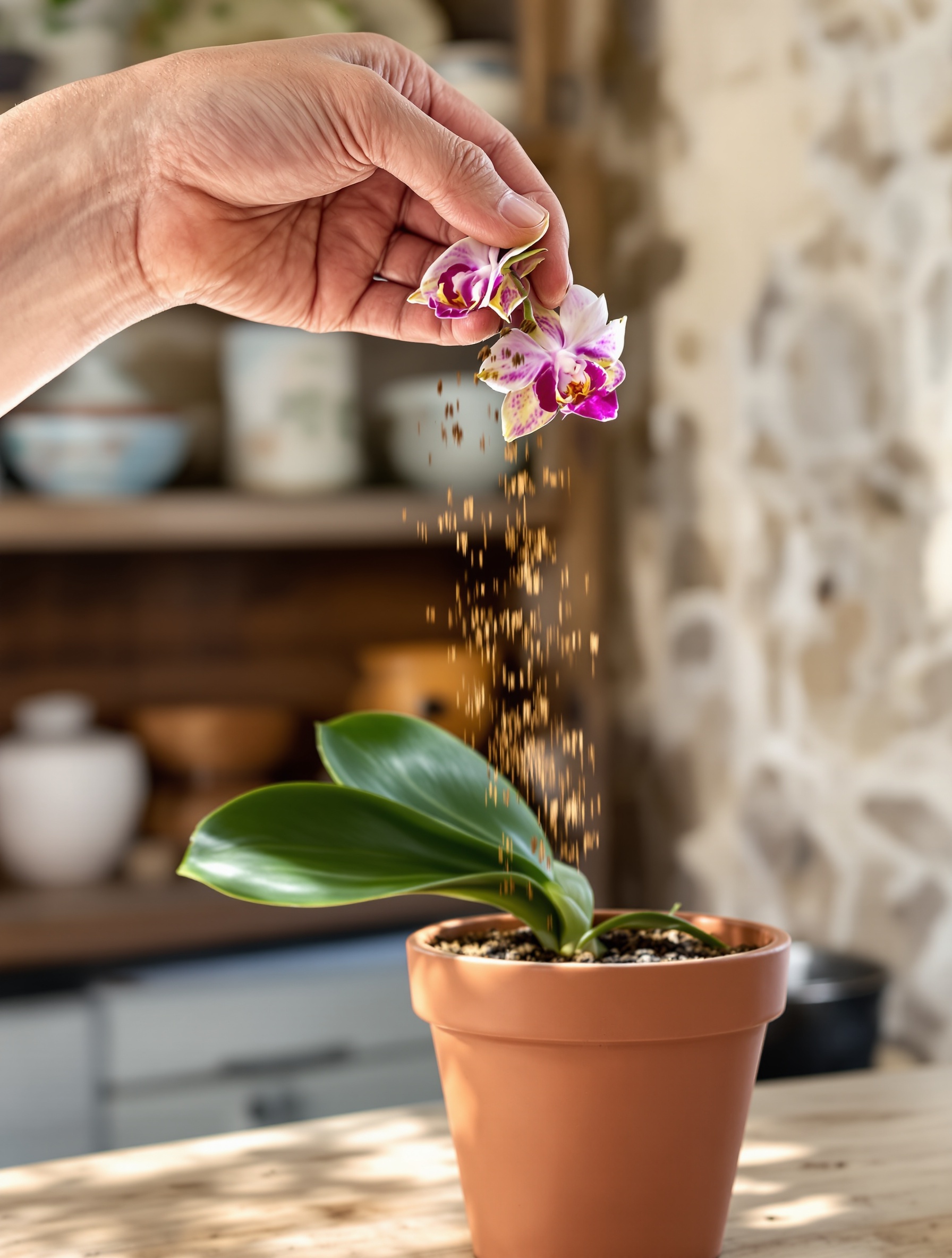 main déposant du marc de café sec au pied d'une orchidée fleurie sur fond breton authentique