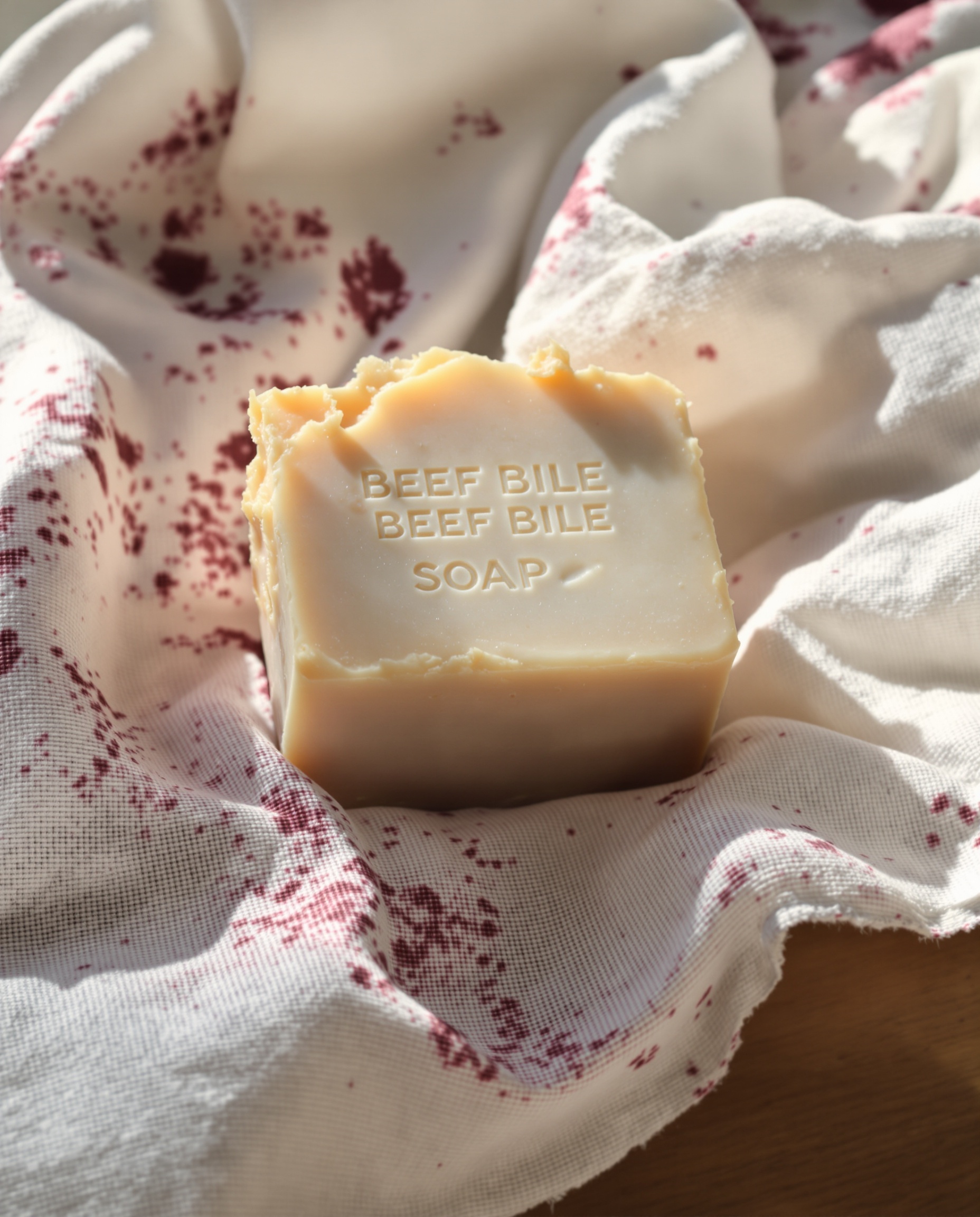 pain de savon au fiel de bœuf sur tissu en lin blanc taché de vin rouge