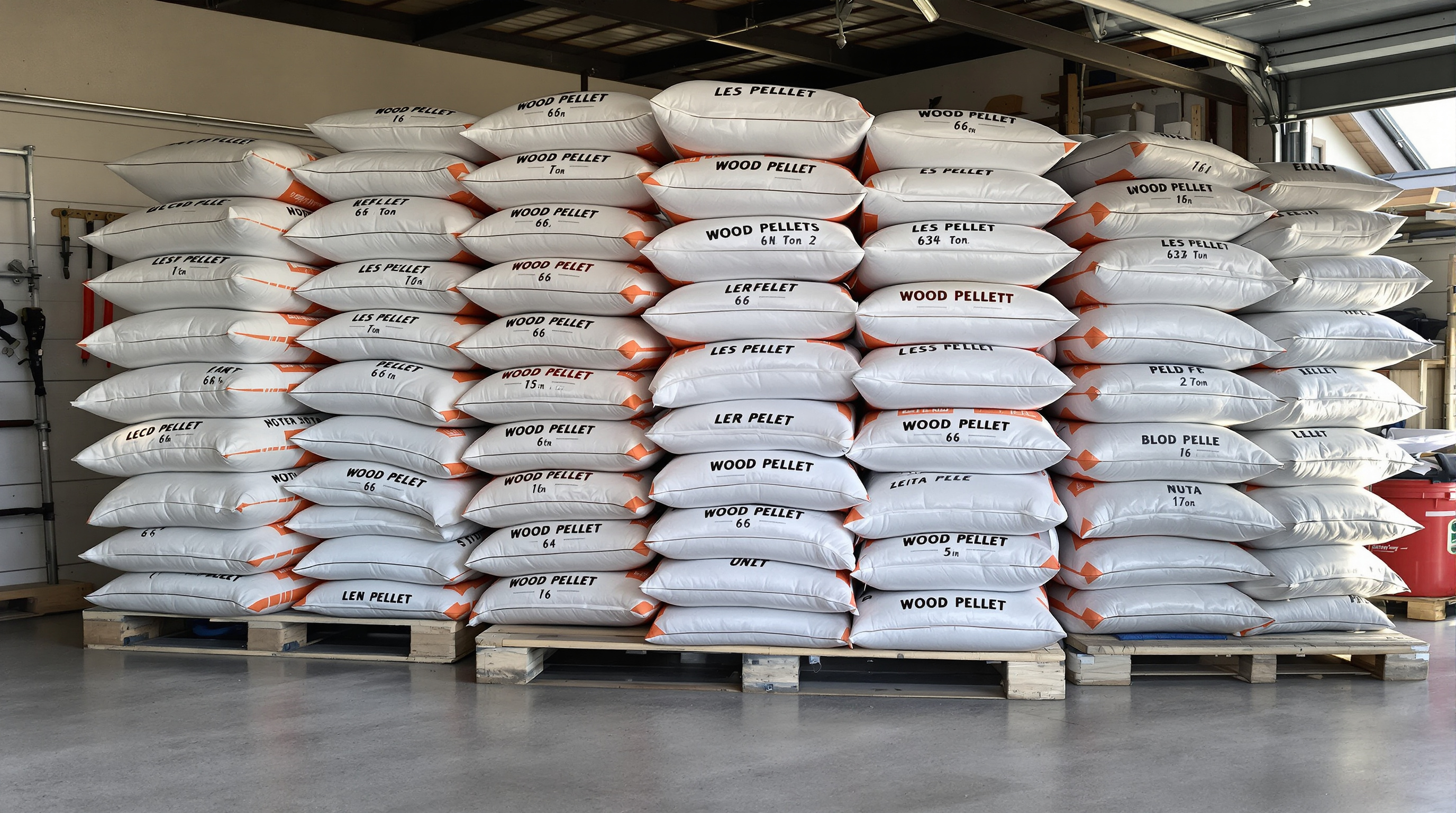 Palette de 66 sacs de granulés stockée dans un garage sur sol sec et plan