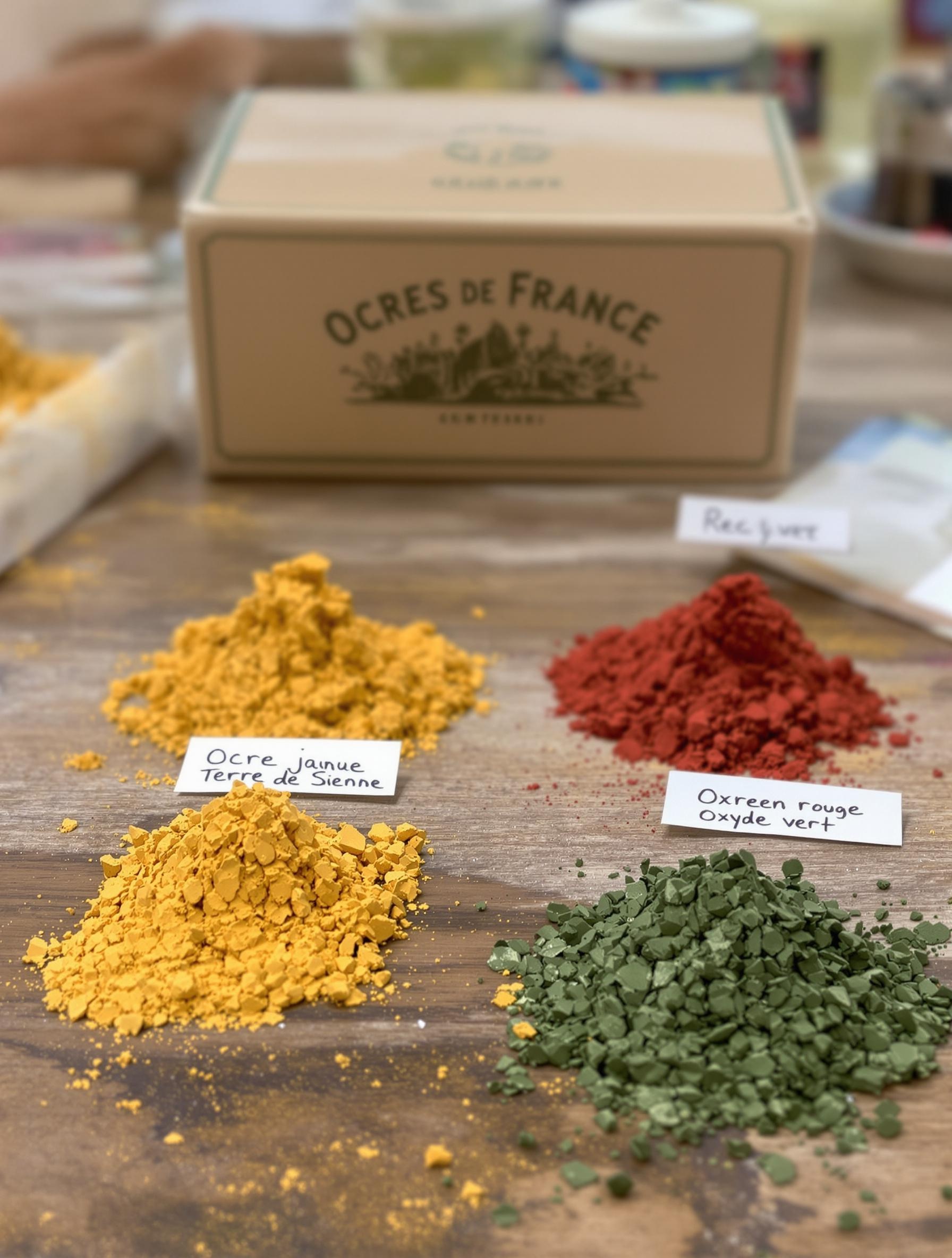 Pigments naturels pour enduit à la chaux aérienne sur une table artisanale.