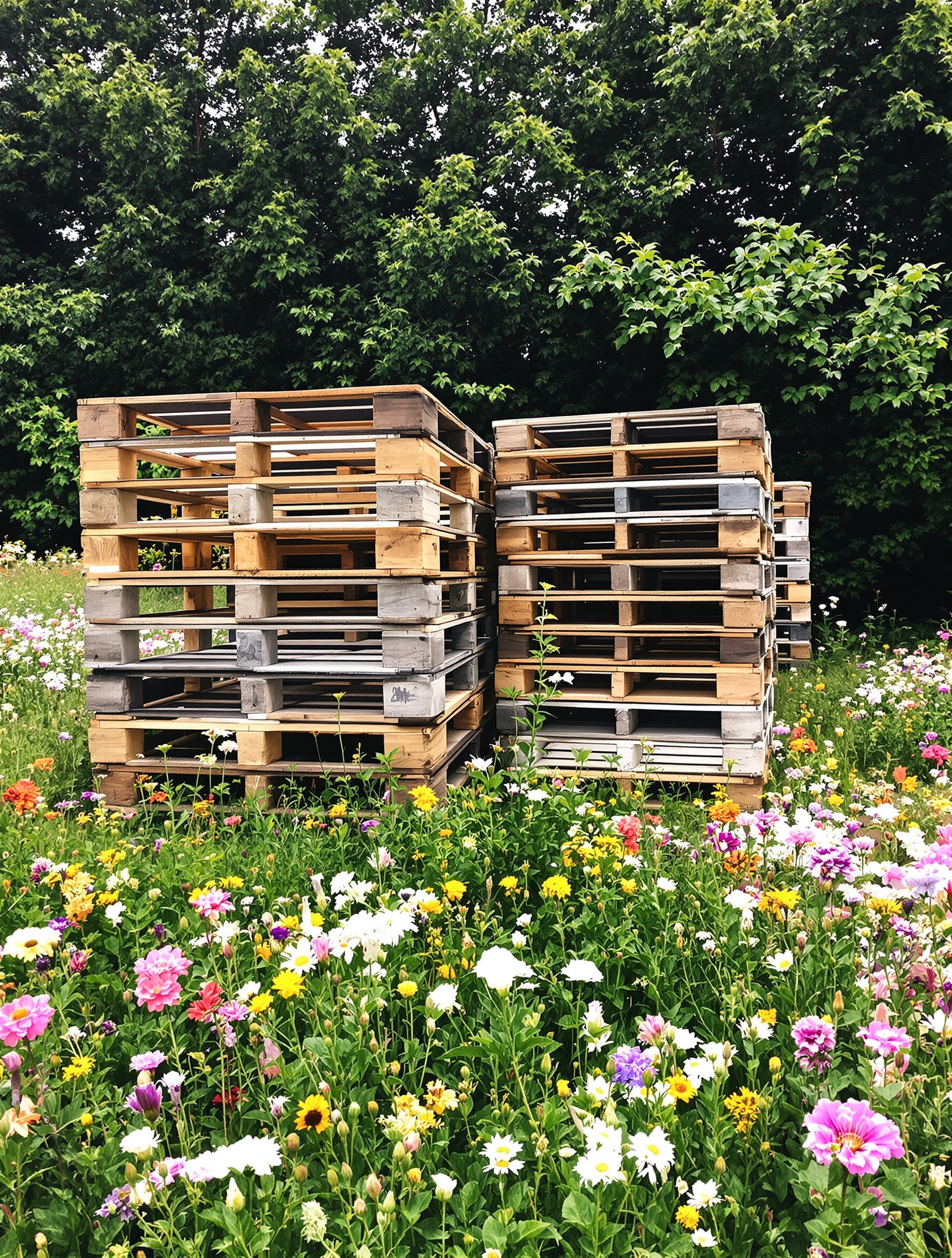Palettes soigneusement empilées prêtes à être récupérées dans un jardin verdoyant