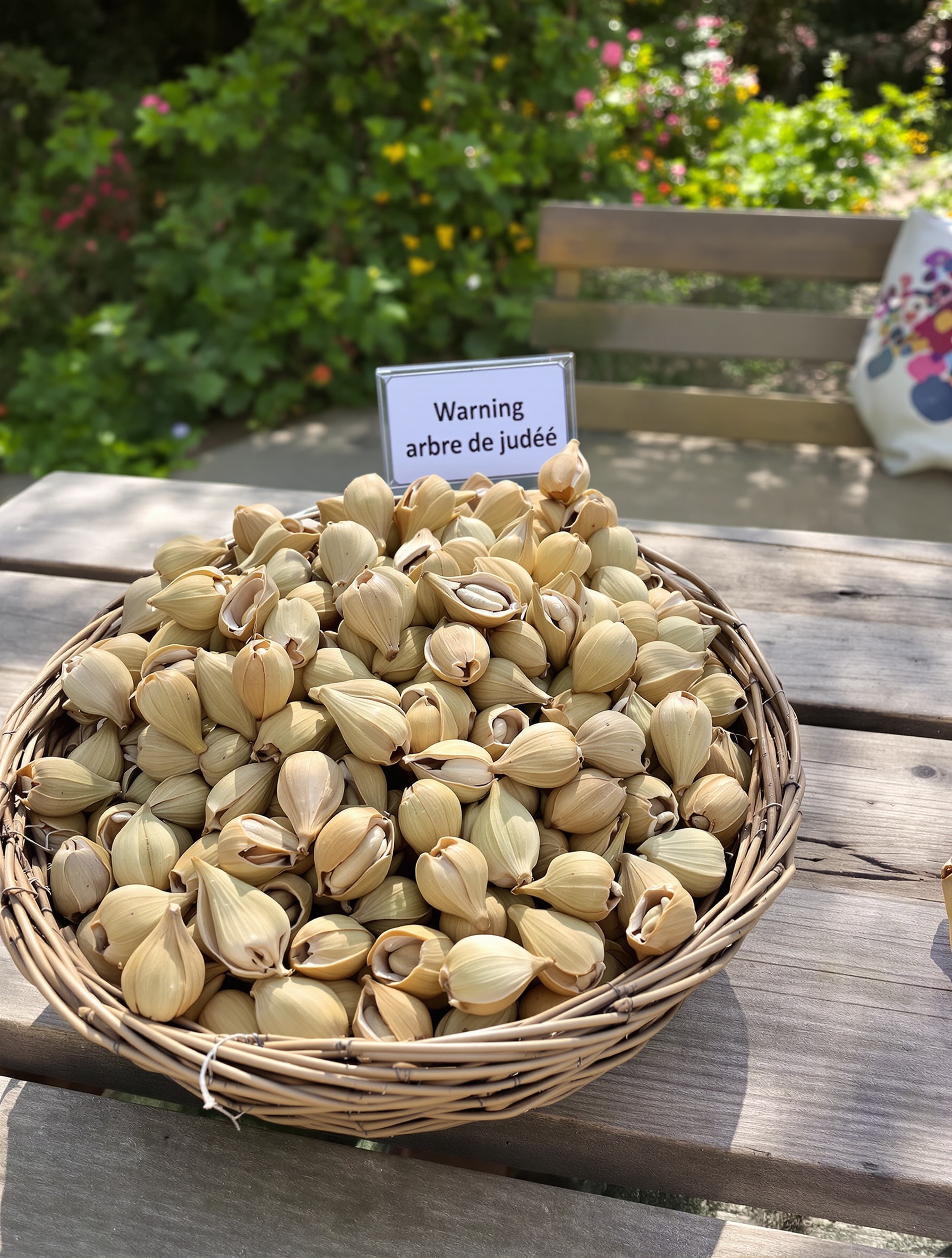 Gousses d'Arbre de Judée avec panneau d'avertissement, ambiance naturelle