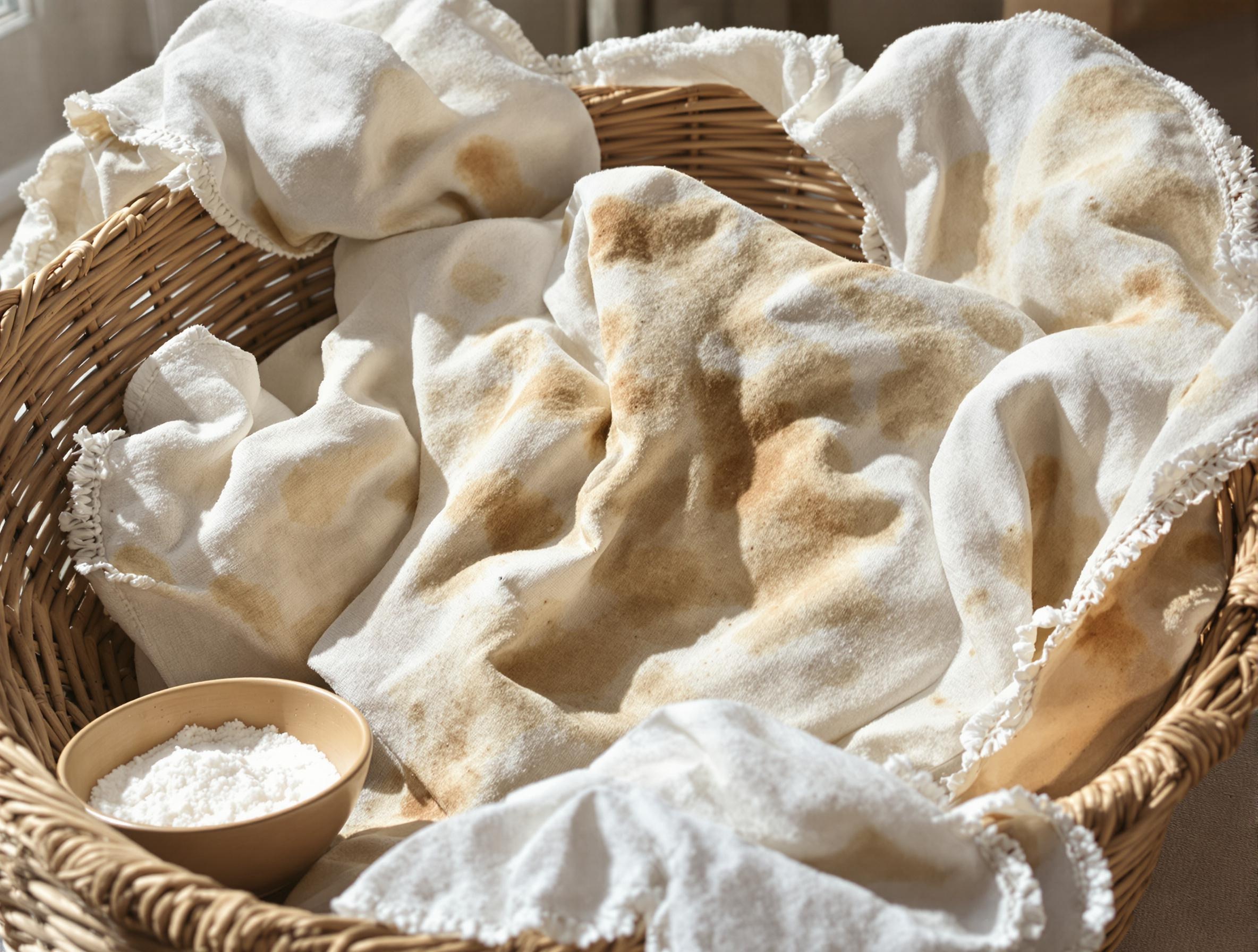 Panier de linge ancien breton, tâches de vin et café, bol de bicarbonate, lumière naturelle, ambiance artisanale