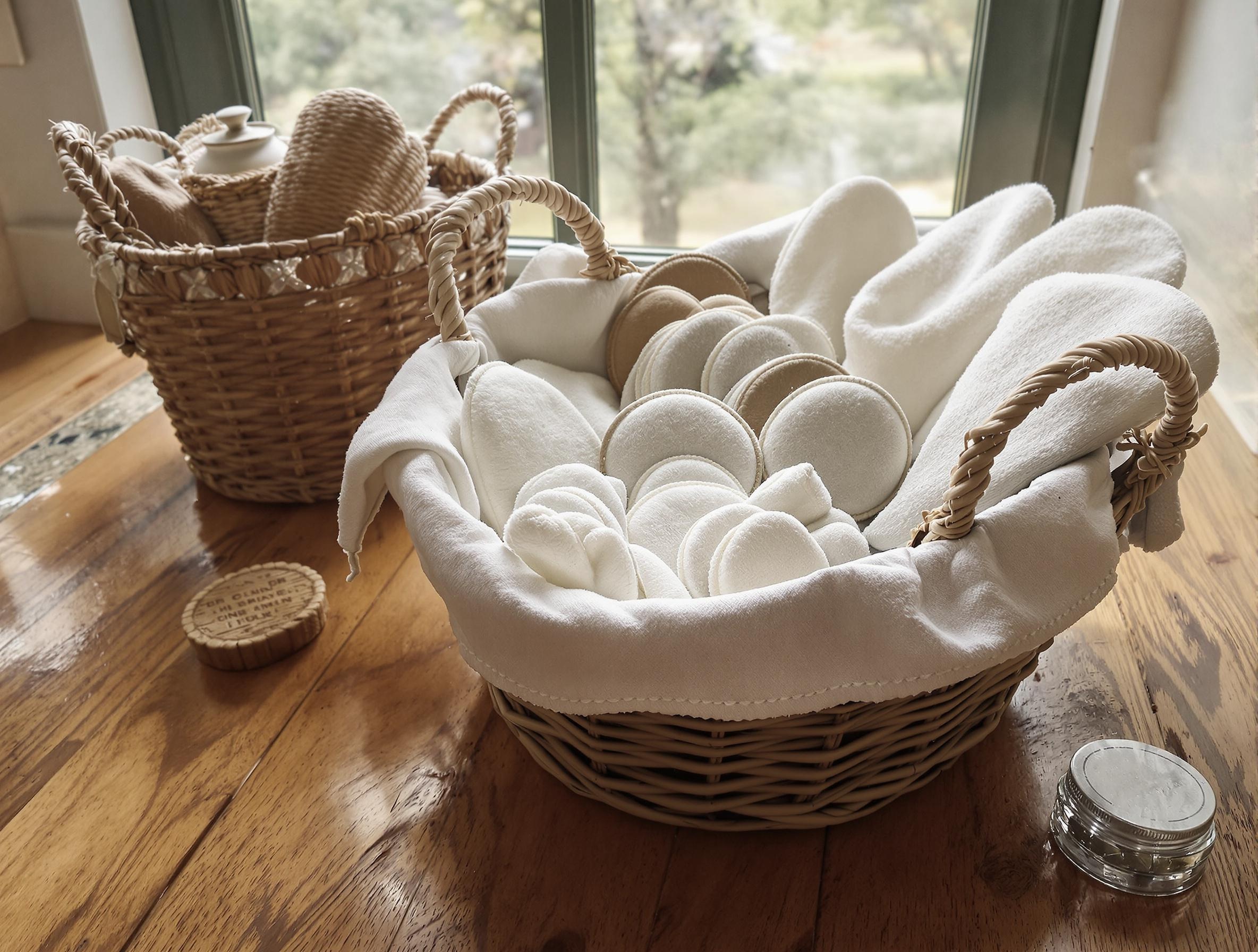 Panière en lin naturel remplie de lingettes réutilisables
