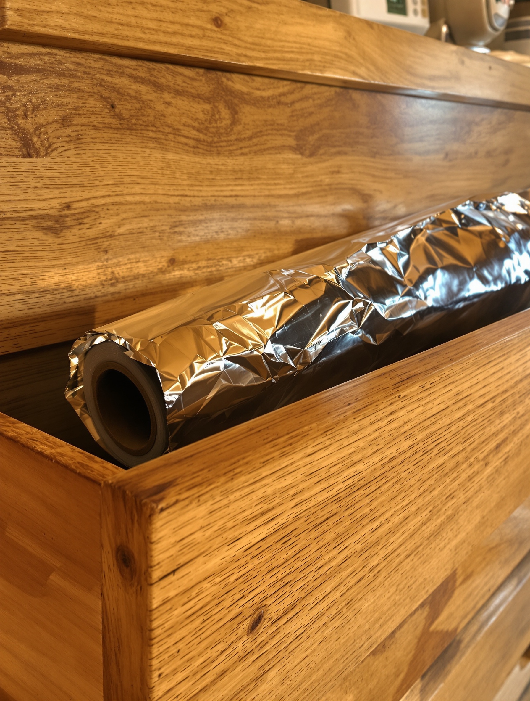 Papier aluminium dans un tiroir breton avec compteur Linky au fond